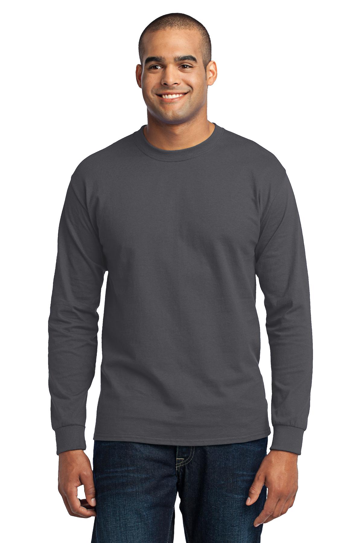 Tall male model 6'5 wearing a charcoal port company long sleeve t shirt comfortable soft and durable Tee against a white background