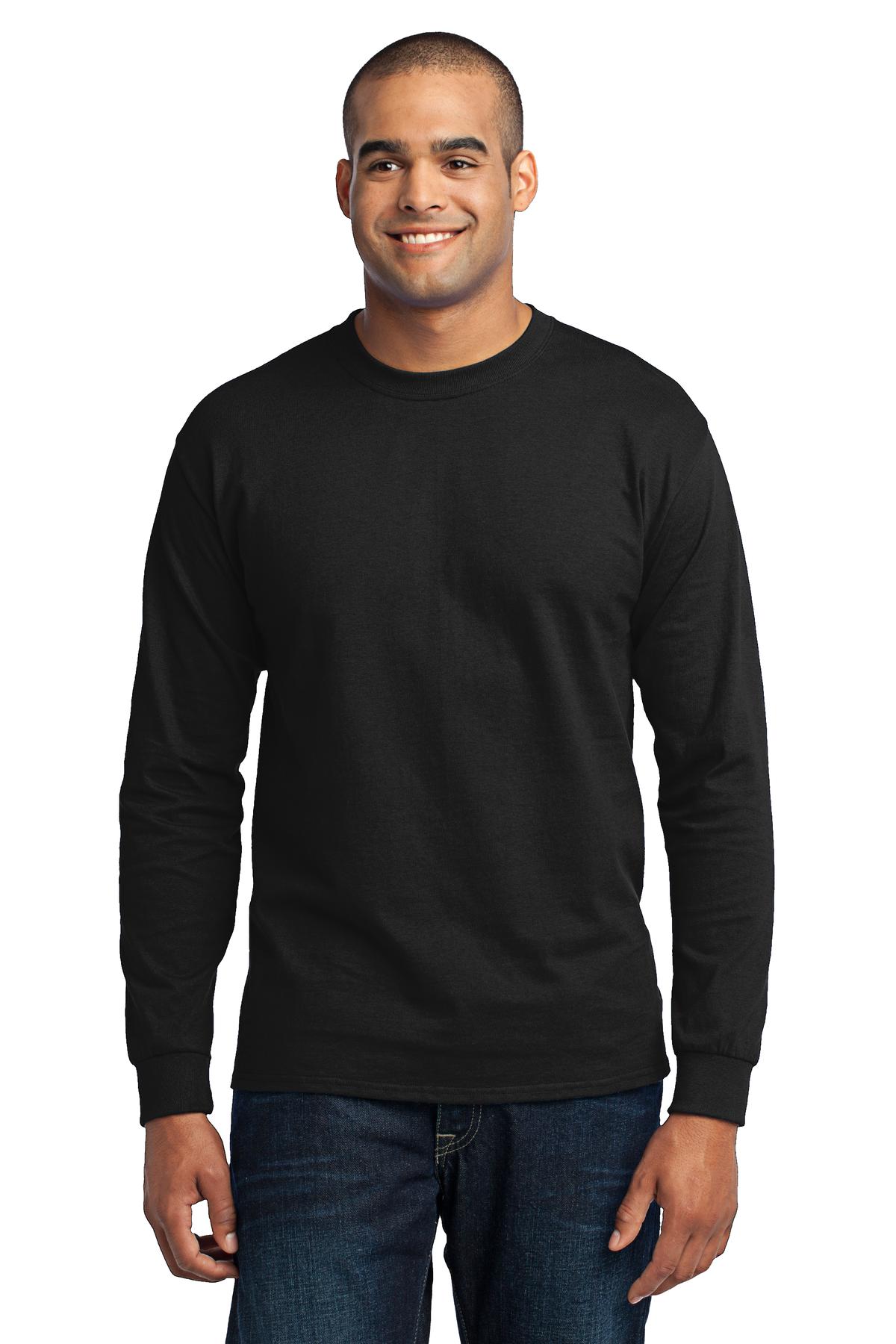 Tall male model 6'5 wearing a black port company long sleeve t shirt comfortable soft and durable Tee against a white background