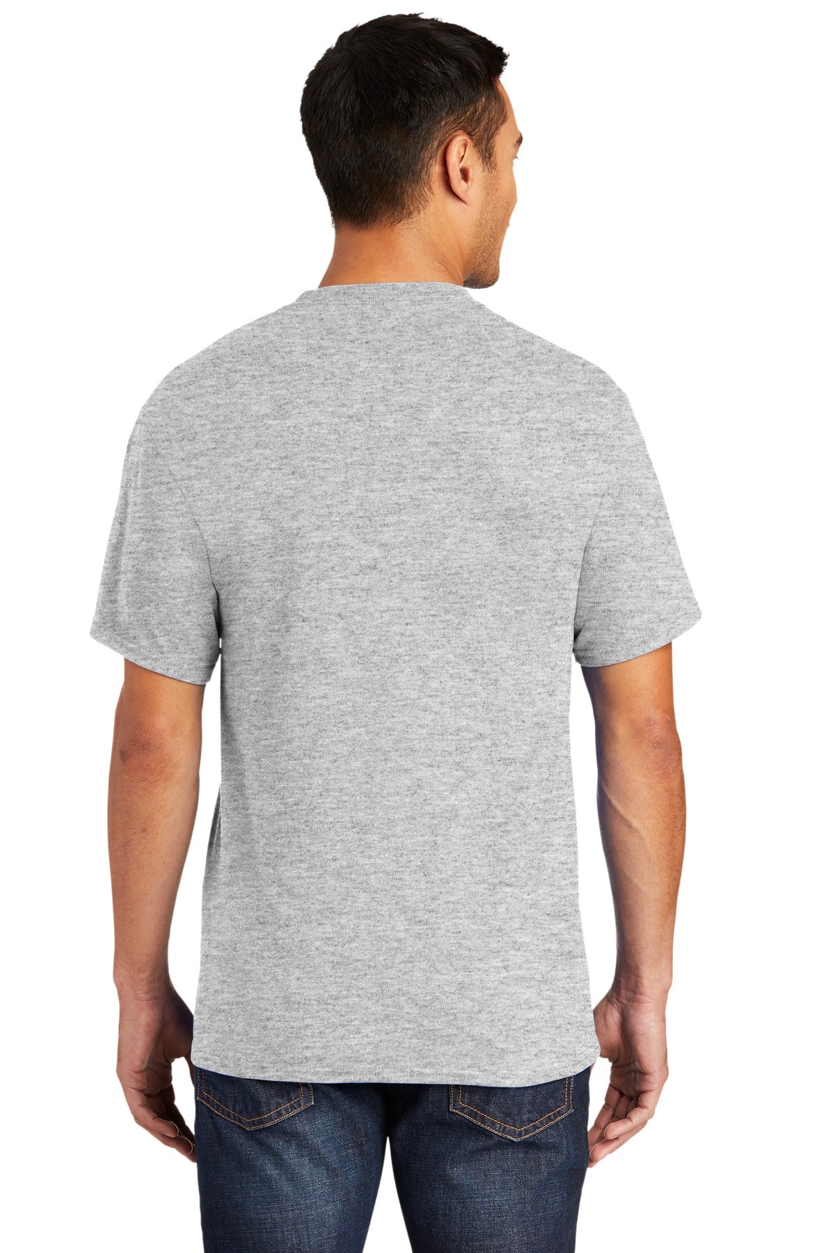 Tall male model 6'6 wearing a large port company T shirt in ash 50/50 cotton/poly tee with left chest pocket showing the back of the shirt against a white background
