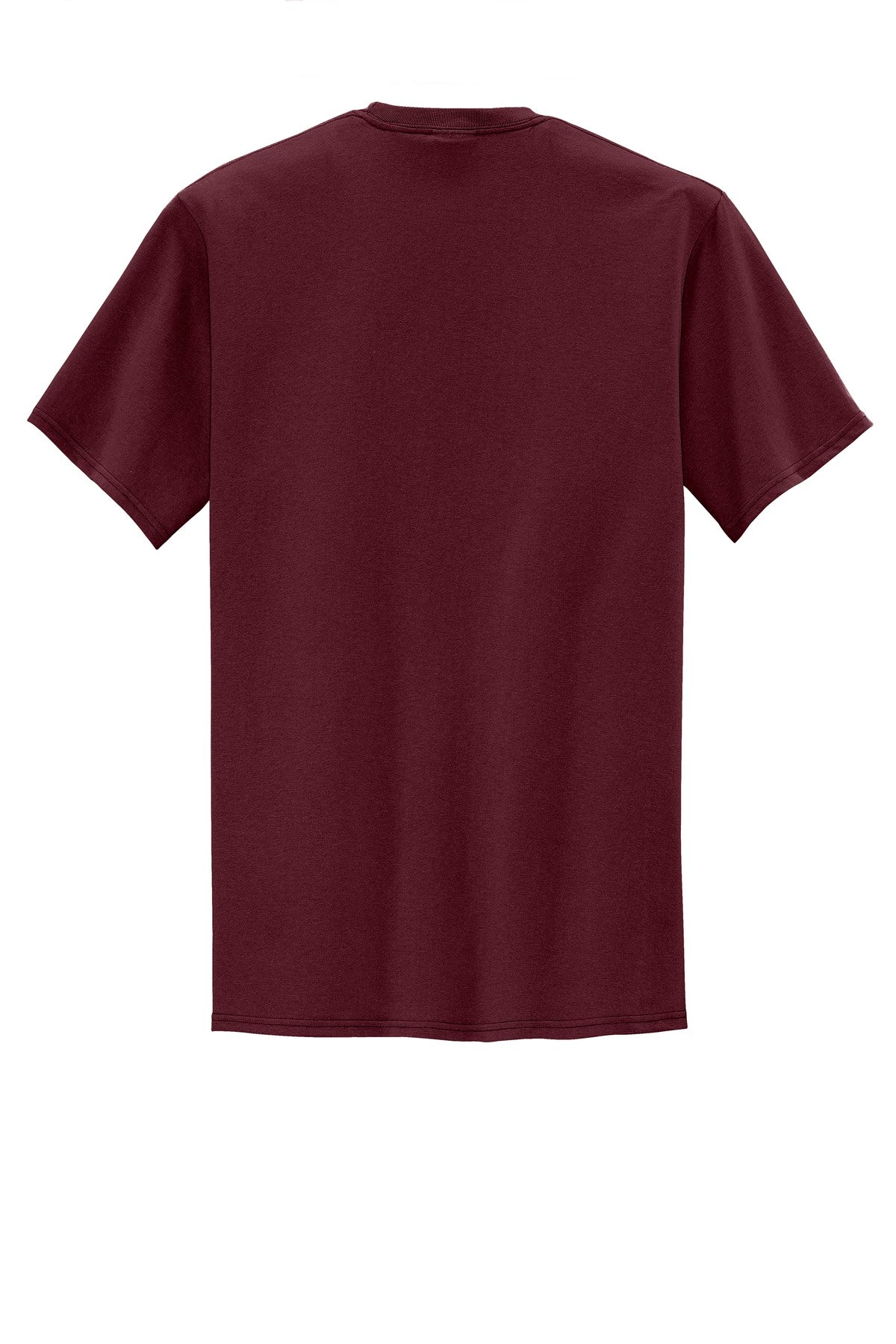 Port company athletic maroon t shirt 50/50 cotton/poly blended tee with left chest pocket showing the back of the shirt against a white background