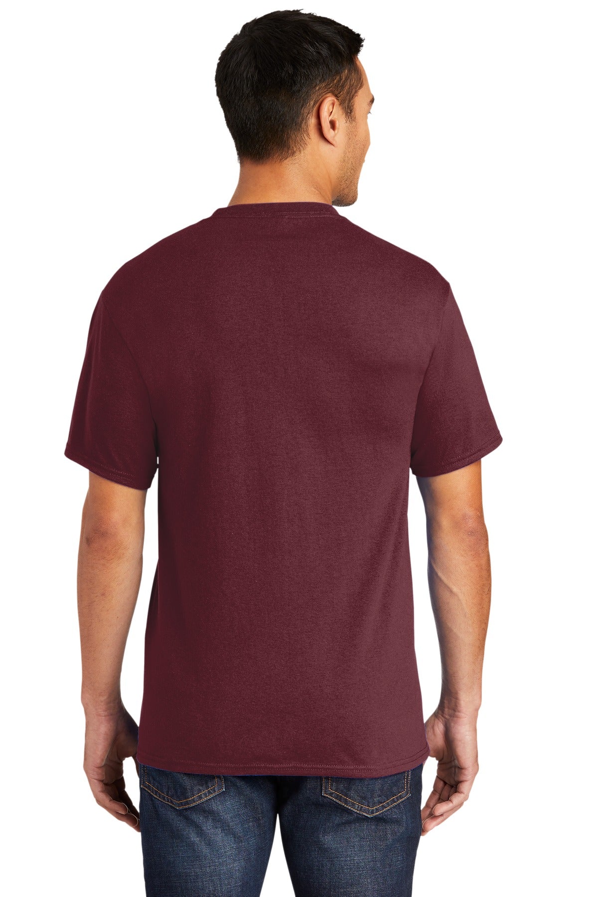 Tall male model 6'6 wearing a large port company T shirt in athletic maroon 50/50 cotton/poly tee with left chest pocket showing the back of the shirt against a white background