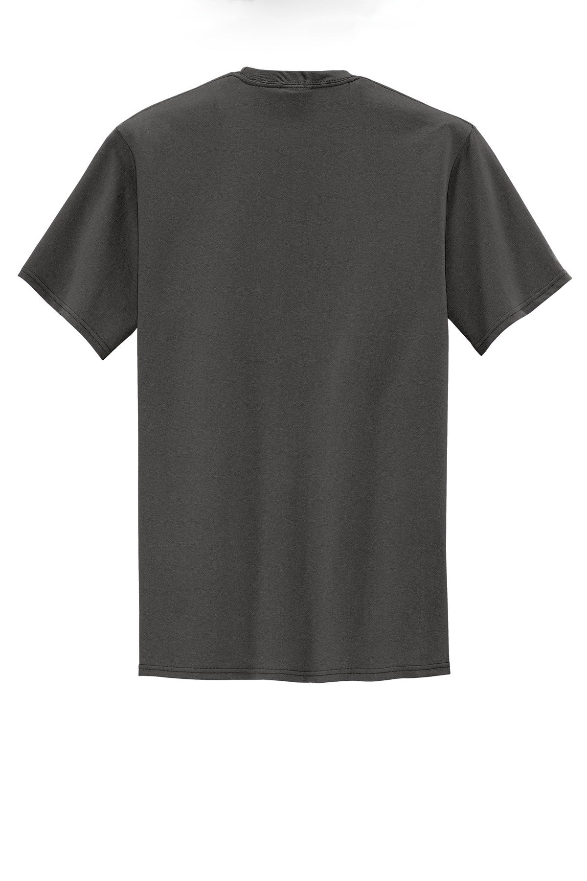 Port company charcoal t shirt 50/50 cotton/poly blended tee with left chest pocket showing the back of the shirt against a white background