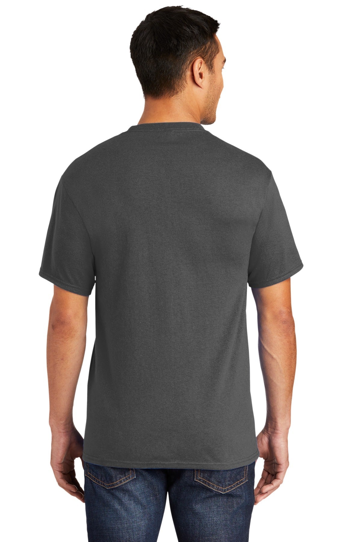 Tall male model 6'6 wearing a large port company T shirt in charcoal 50/50 cotton/poly tee with left chest pocket showing the back of the shirt against a white background