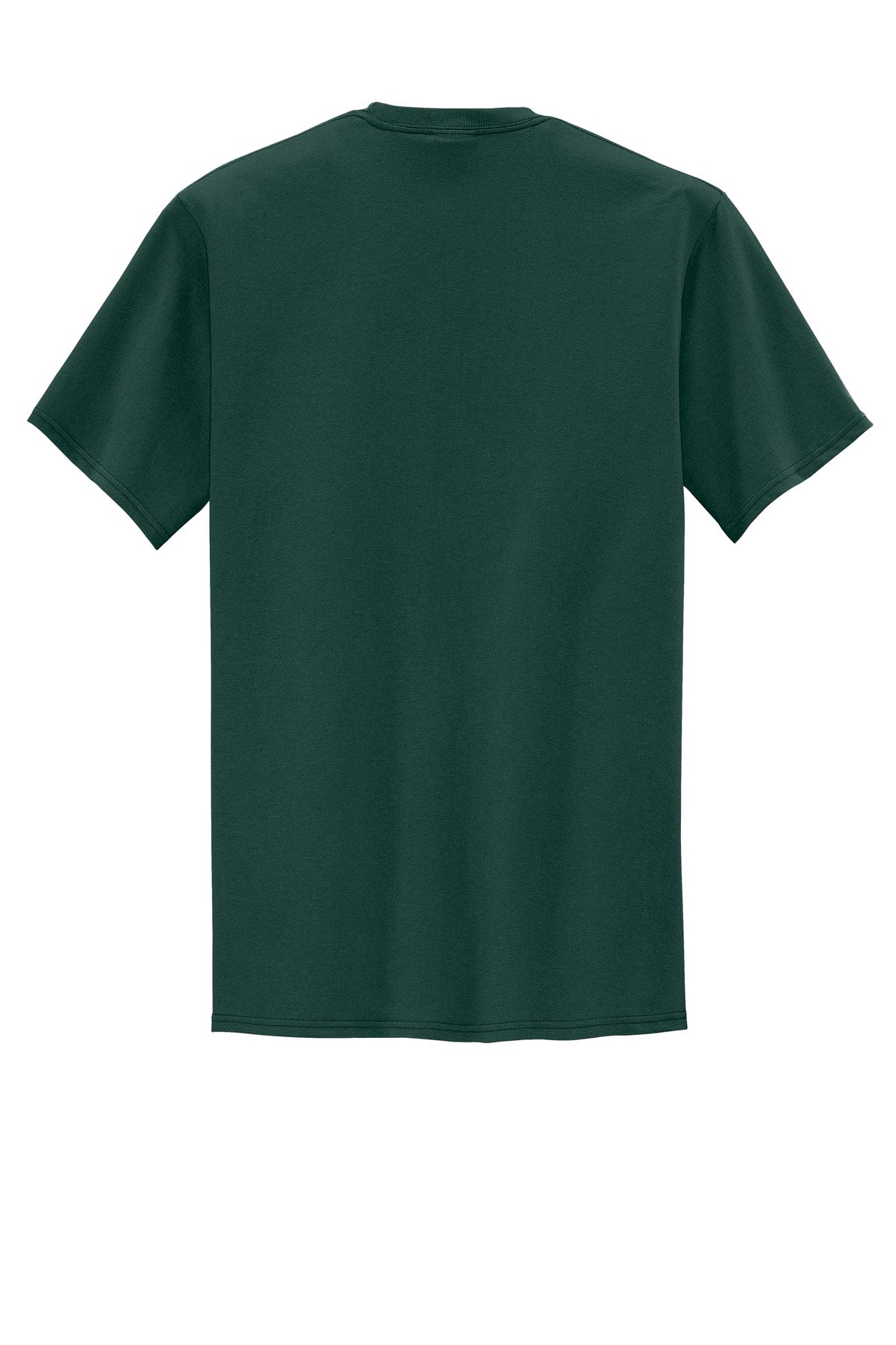 Port company dark green t shirt 50/50 cotton/poly blended tee with left chest pocket showing the back of the shirt against a white background