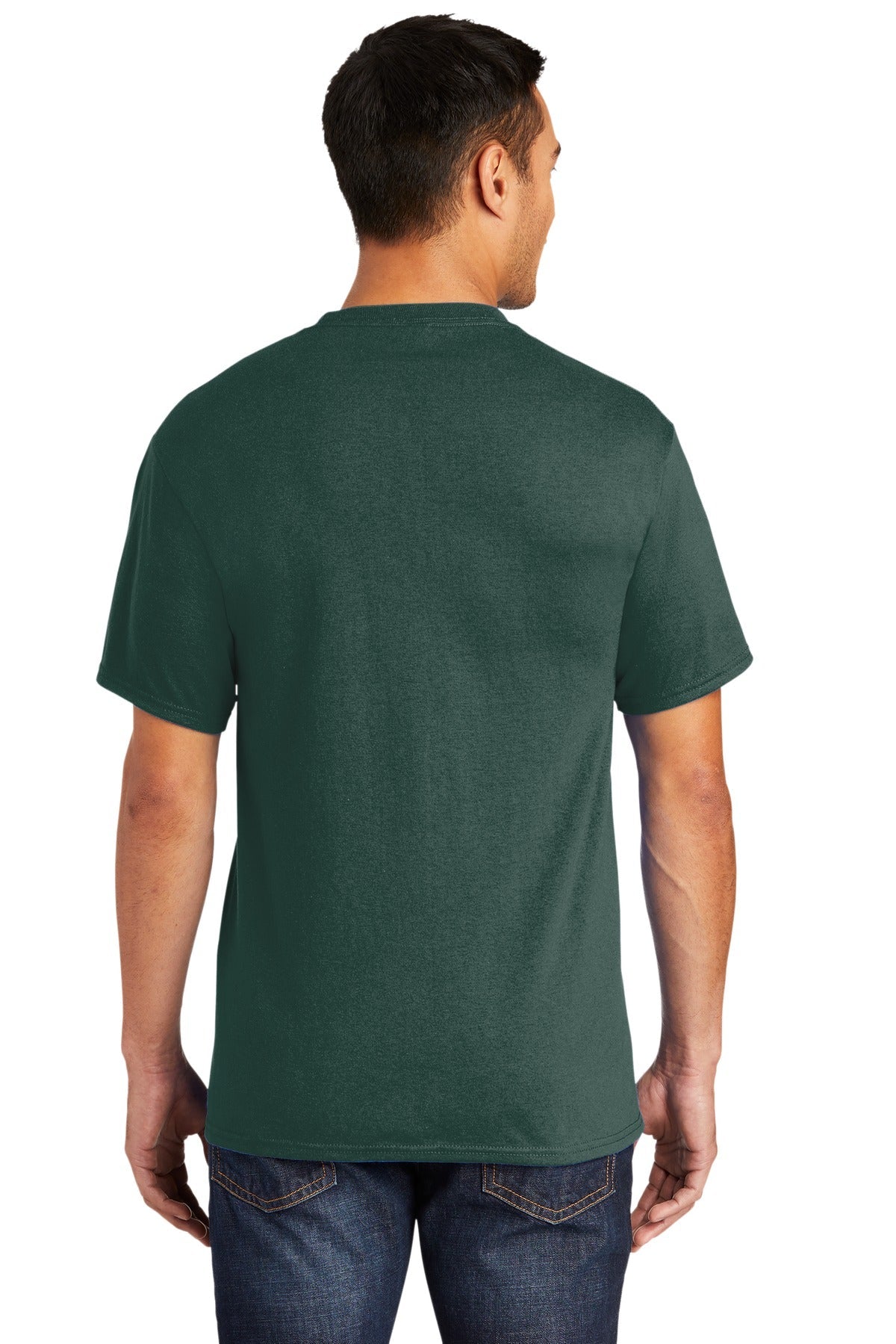 Tall male model 6'6 wearing a large port company T shirt in dark green 50/50 cotton/poly tee with left chest pocket showing the back of the shirt against a white background
