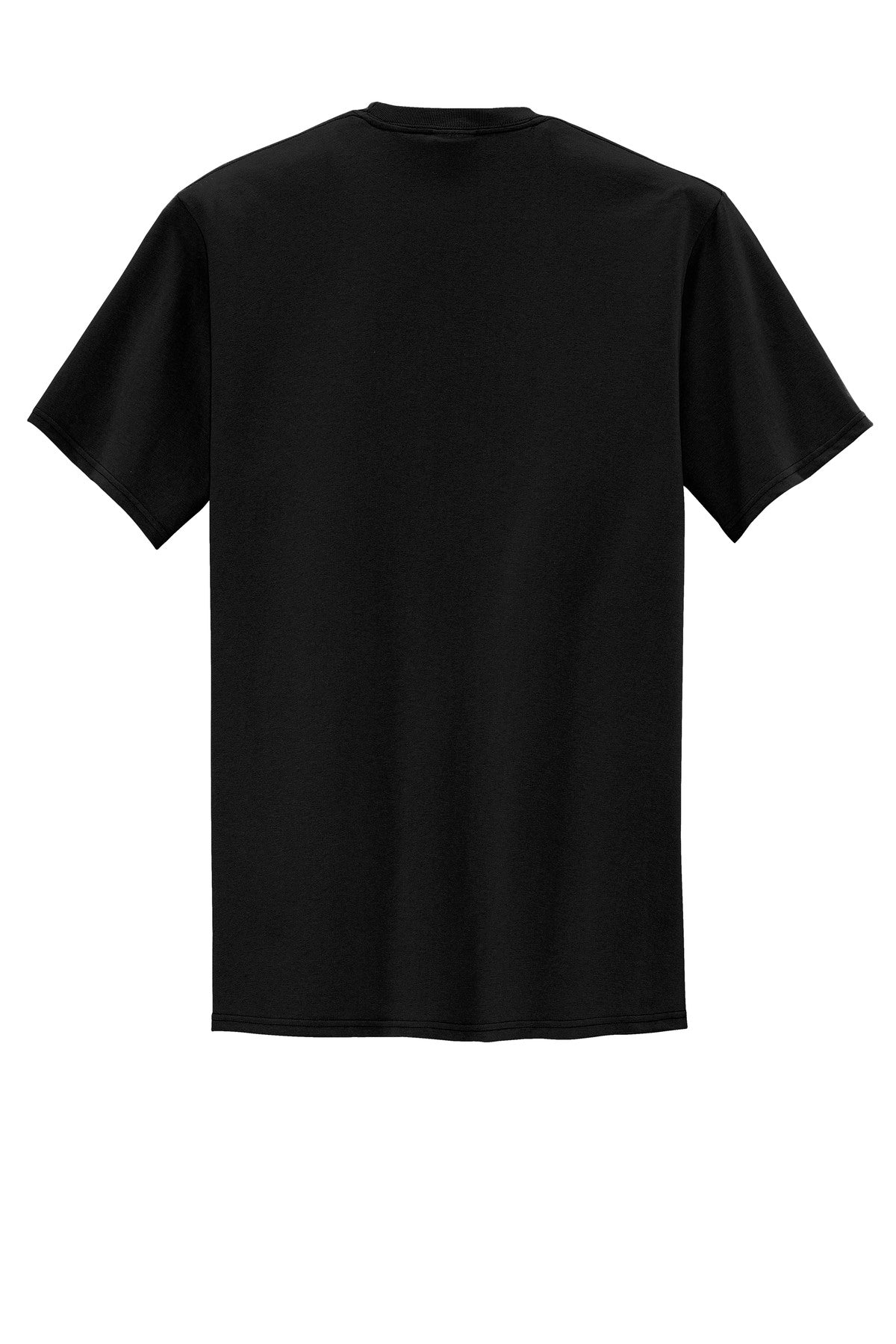 Port company black t shirt 50/50 cotton/poly blended tee with left chest pocket showing the back of the shirt against a white background