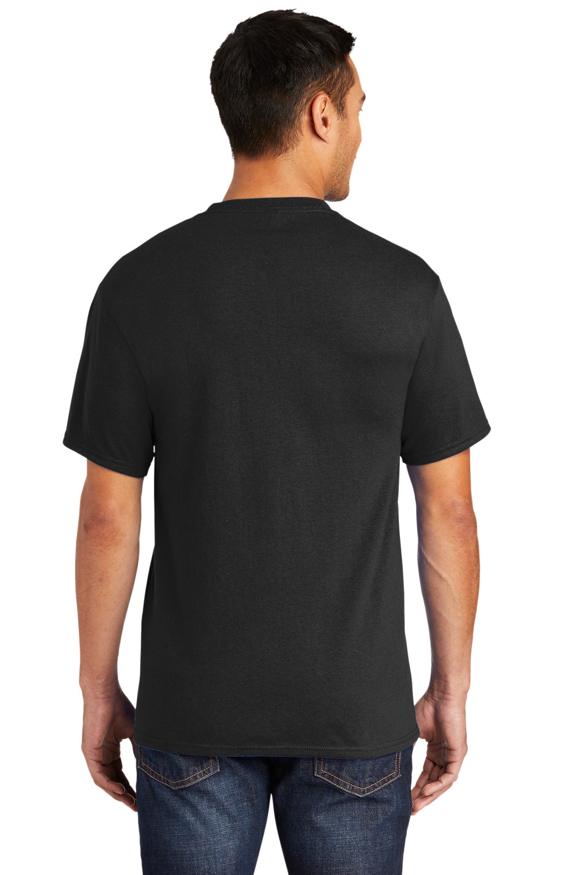Tall male model 6'6 wearing a large port company T shirt in black 50/50 cotton/poly tee with left chest pocket showing the back of the shirt against a white background