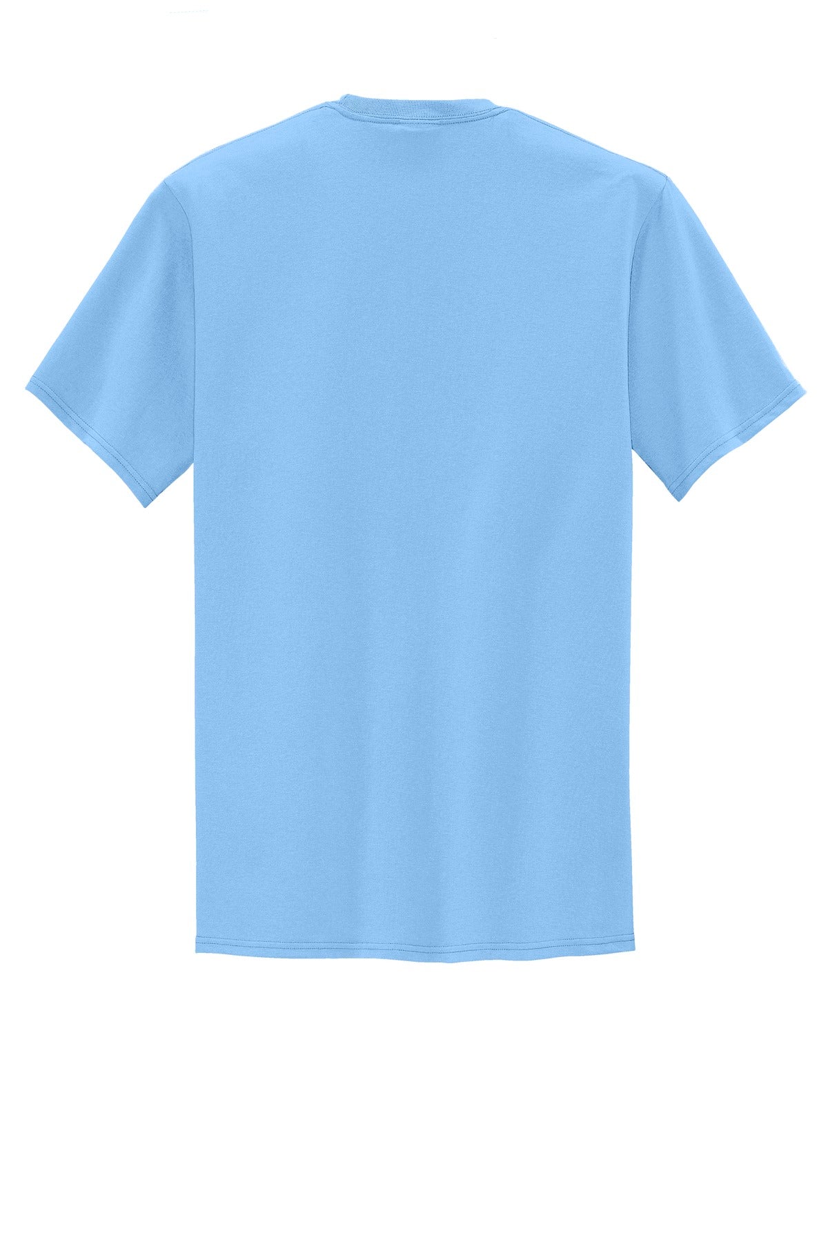 Port company light blue t shirt 50/50 cotton/poly blended tee with left chest pocket showing the back of the shirt against a white background
