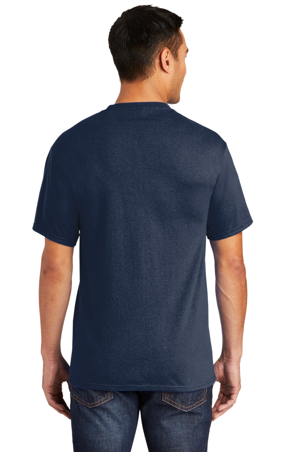 Tall male model 6'6 wearing a large port company T shirt in navy 50/50 cotton/poly tee with left chest pocket showing the back of the shirt against a white background