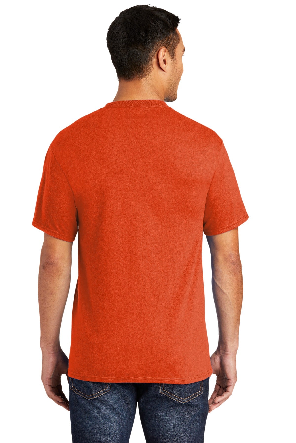 Tall male model 6'6 wearing a large port company T shirt in orange 50/50 cotton/poly tee with left chest pocket showing the back of the shirt against a white background