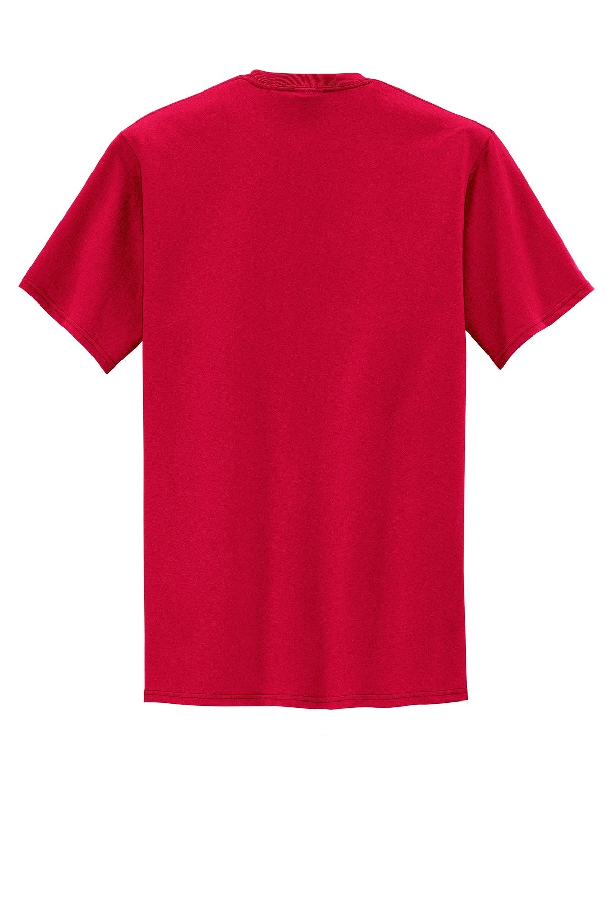 Port company red t shirt 50/50 cotton/poly blended tee with left chest pocket showing the back of the shirt against a white background
