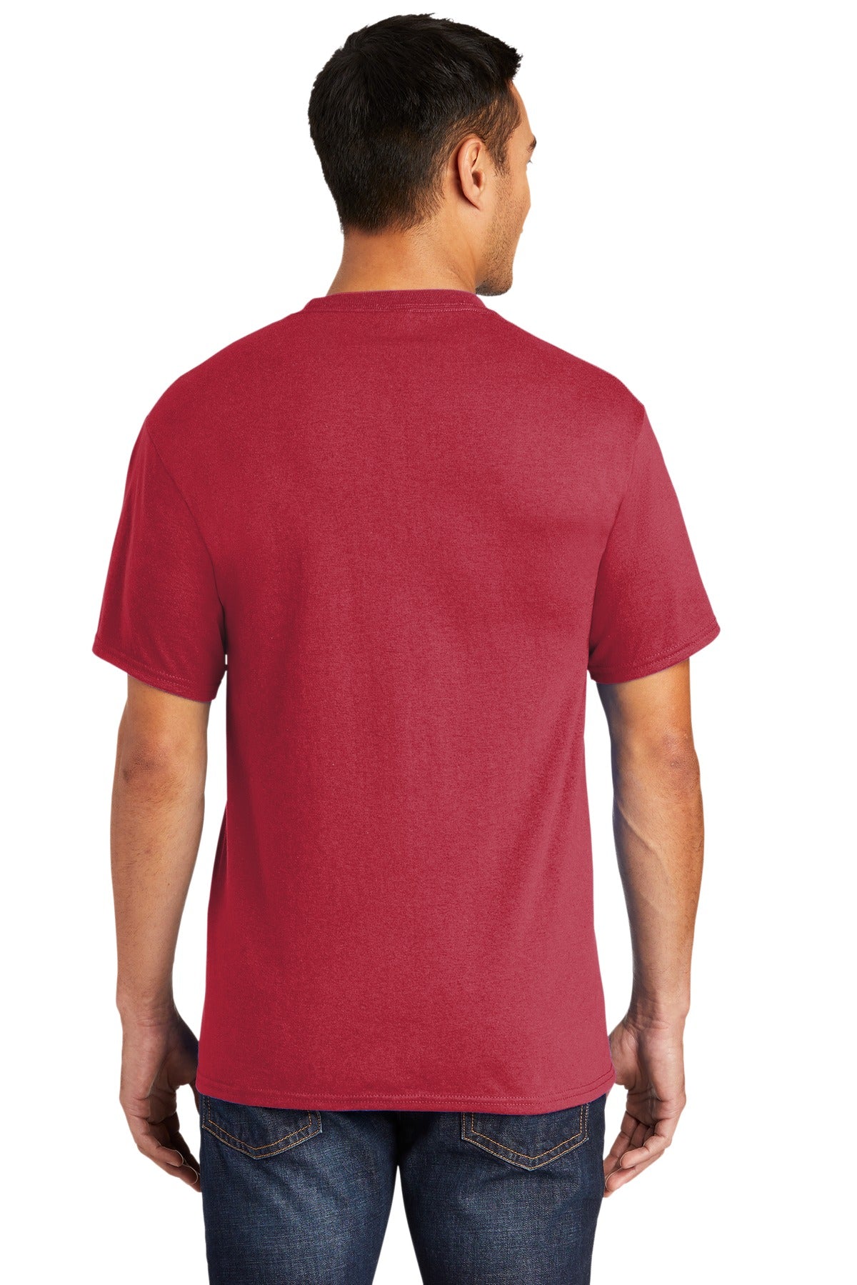 Tall male model 6'6 wearing a large port company T shirt in red 50/50 cotton/poly tee with left chest pocket showing the back of the shirt against a white background