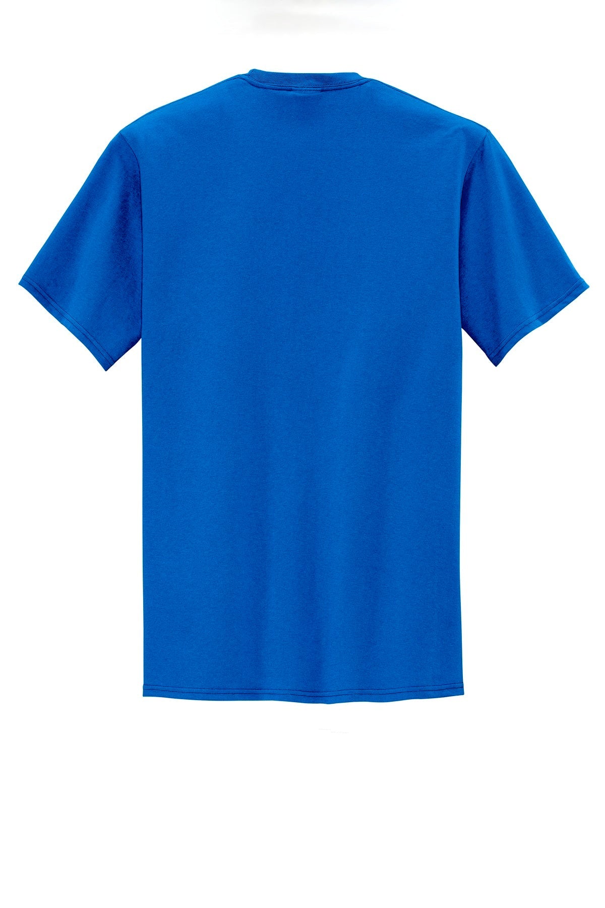 Port company royal t shirt 50/50 cotton/poly blended tee with left chest pocket showing the back of the shirt against a white background