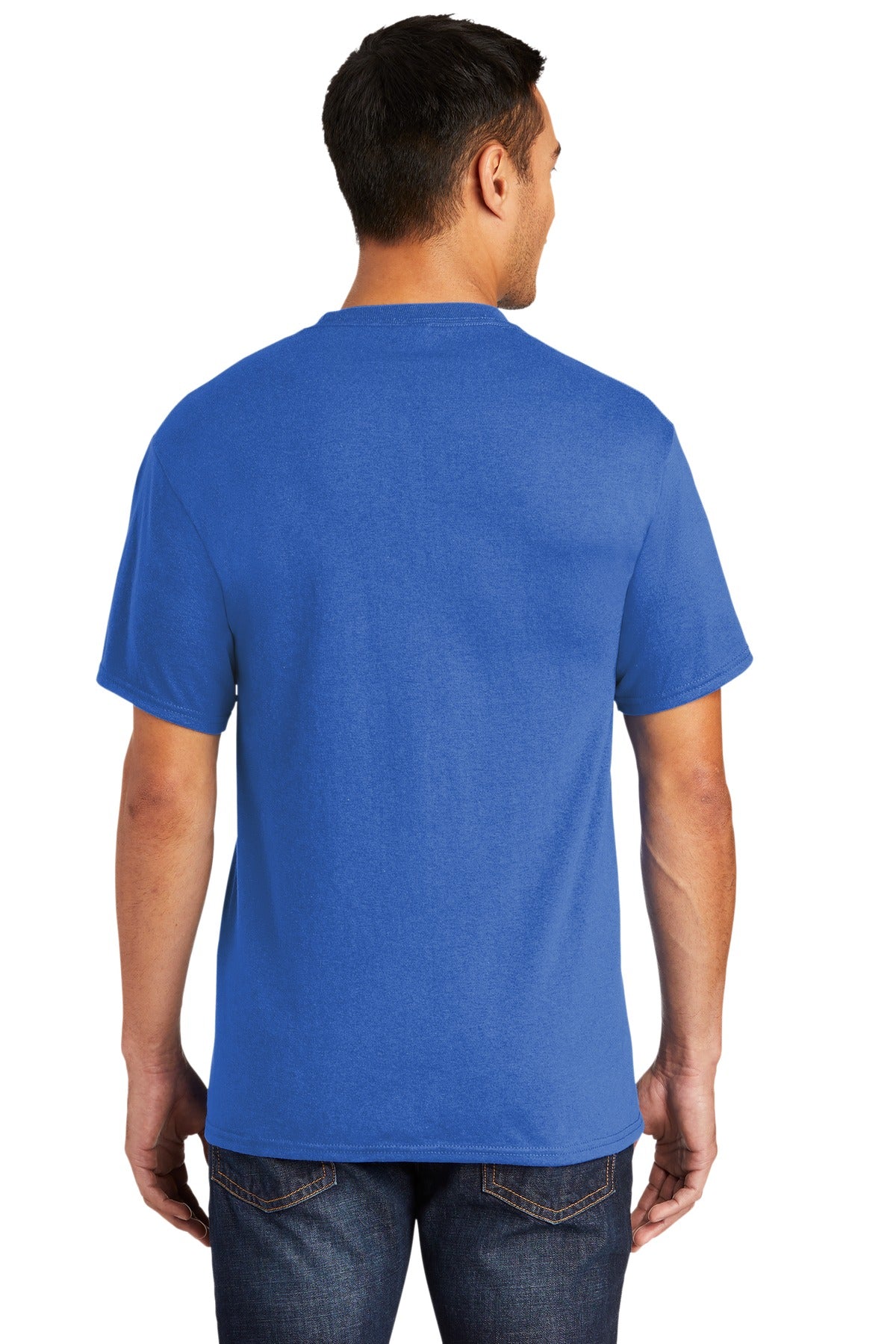Tall male model 6'6 wearing a large port company T shirt in royal 50/50 cotton/poly tee with left chest pocket showing the back of the shirt against a white background