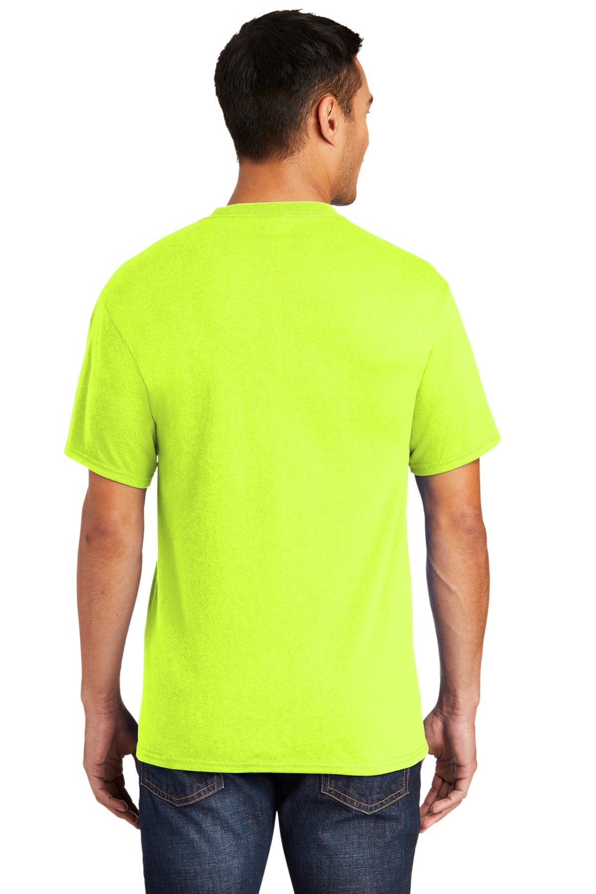 Tall male model 6'6 wearing a large port company T shirt in safety green 50/50 cotton/poly tee with left chest pocket showing the back of the shirt against a white background