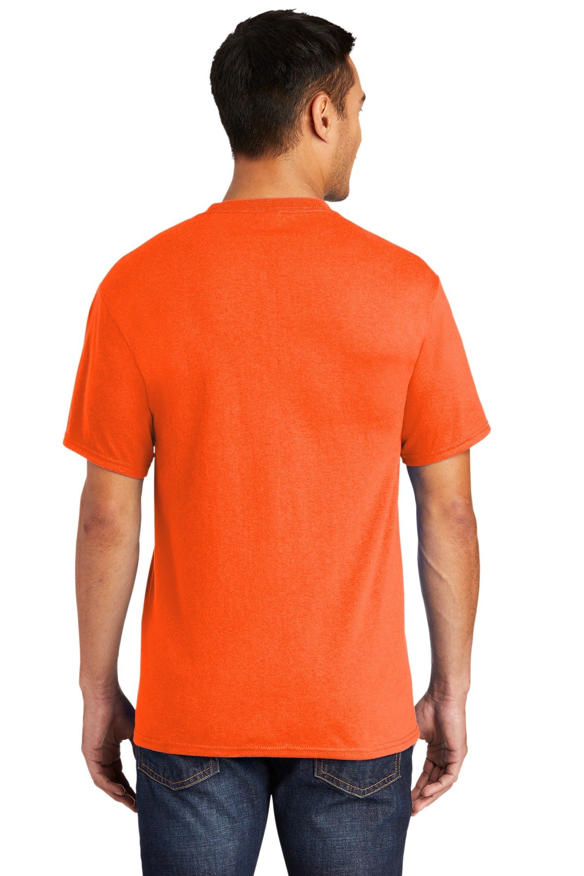 Tall male model 6'6 wearing a large port company T shirt in safety orange 50/50 cotton/poly tee with left chest pocket showing the back of the shirt against a white background