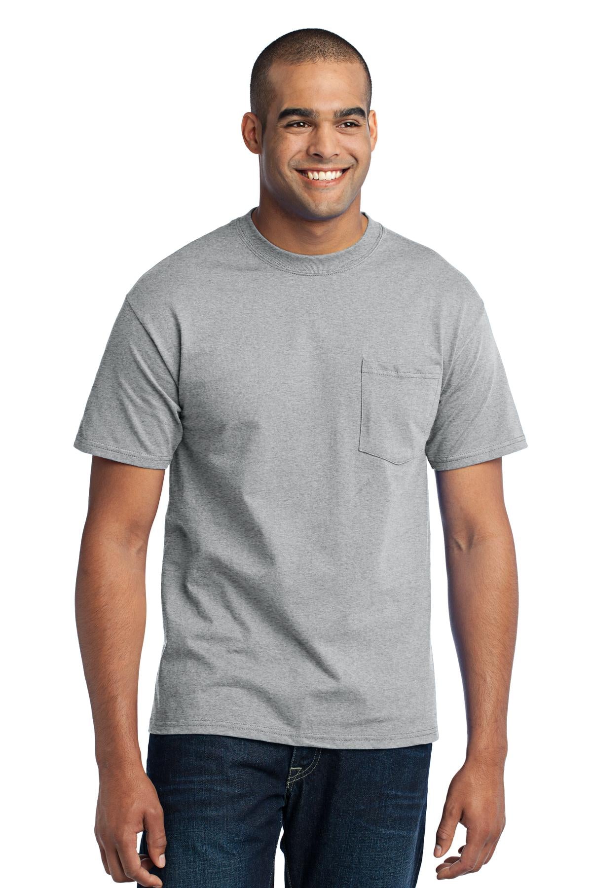 Tall male model 6'6 wearing a large port company T shirt in athletic heather 50/50 cotton/poly tee with left chest pocket against a white background