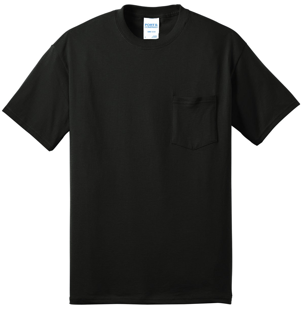 Port company black t shirt 50/50 cotton/poly blended tee with left chest pocket against a white background