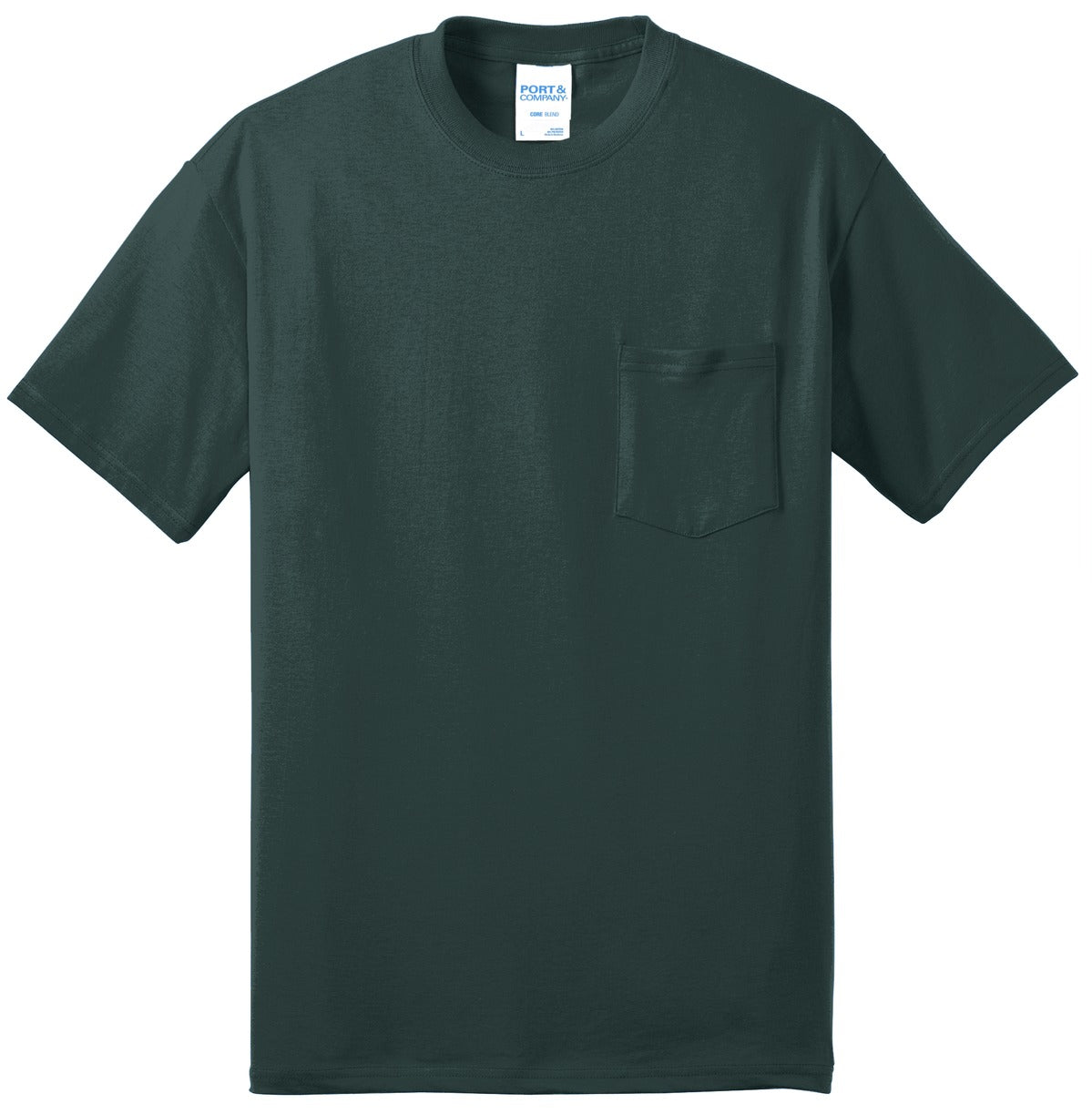Port company dark green t shirt 50/50 cotton/poly blended tee with left chest pocket against a white background