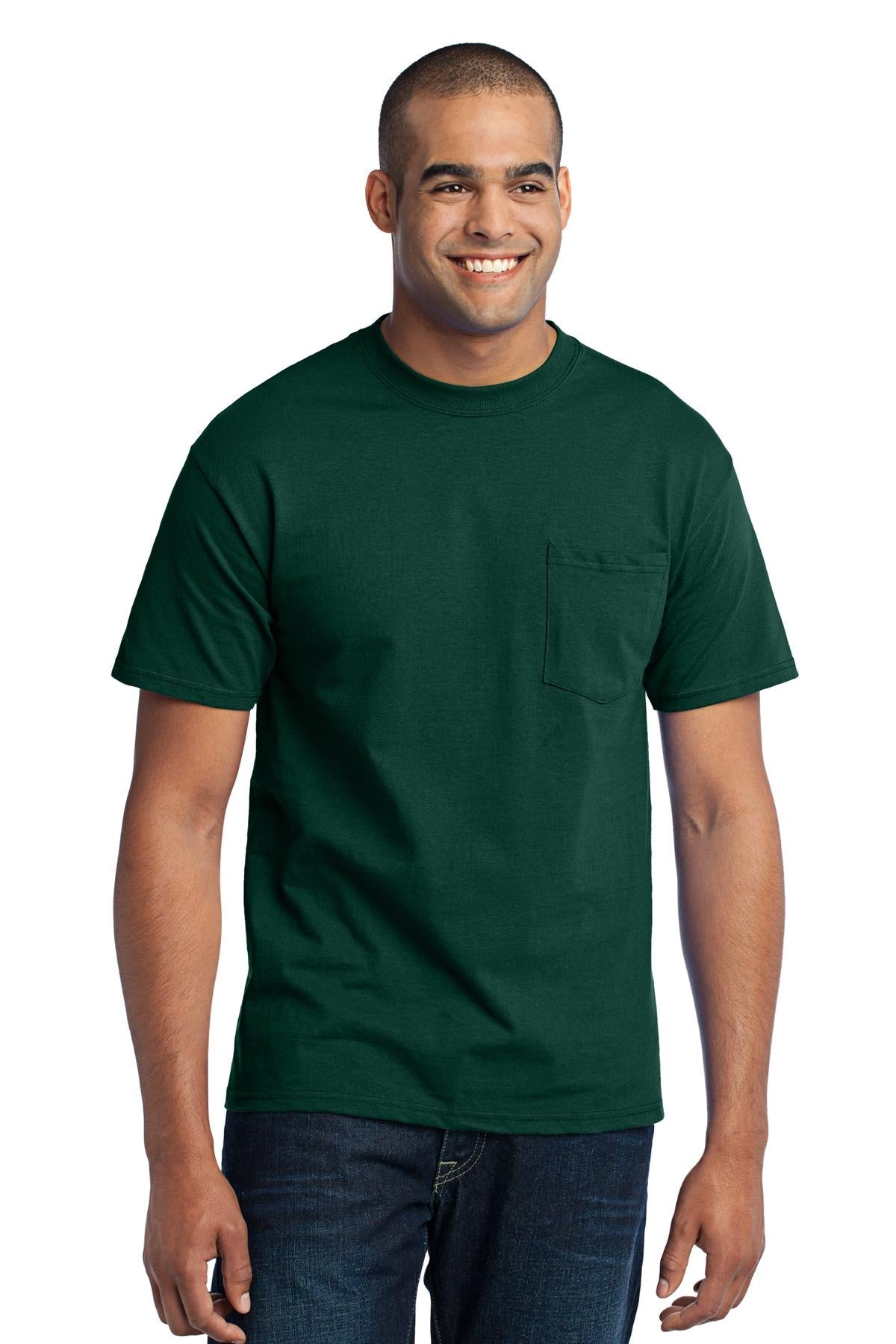 Tall male model 6'6 wearing a large port company T shirt in dark green 50/50 cotton/poly tee with left chest pocket against a white background