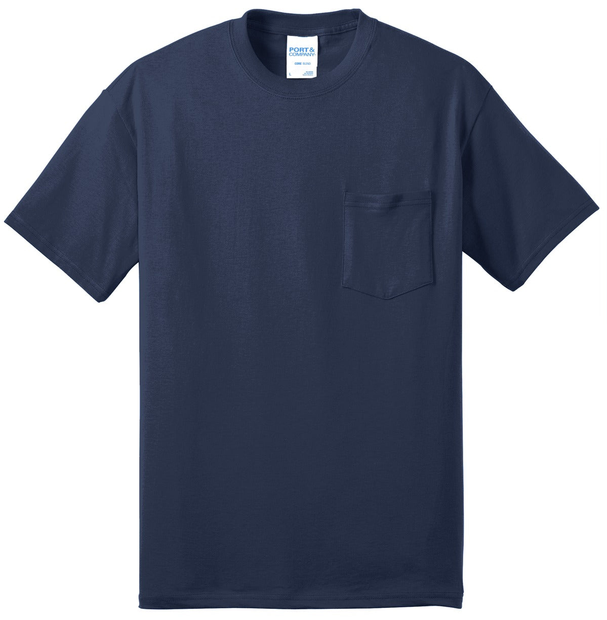 Port company navy t shirt 50/50 cotton/poly blended tee with left chest pocket against a white background