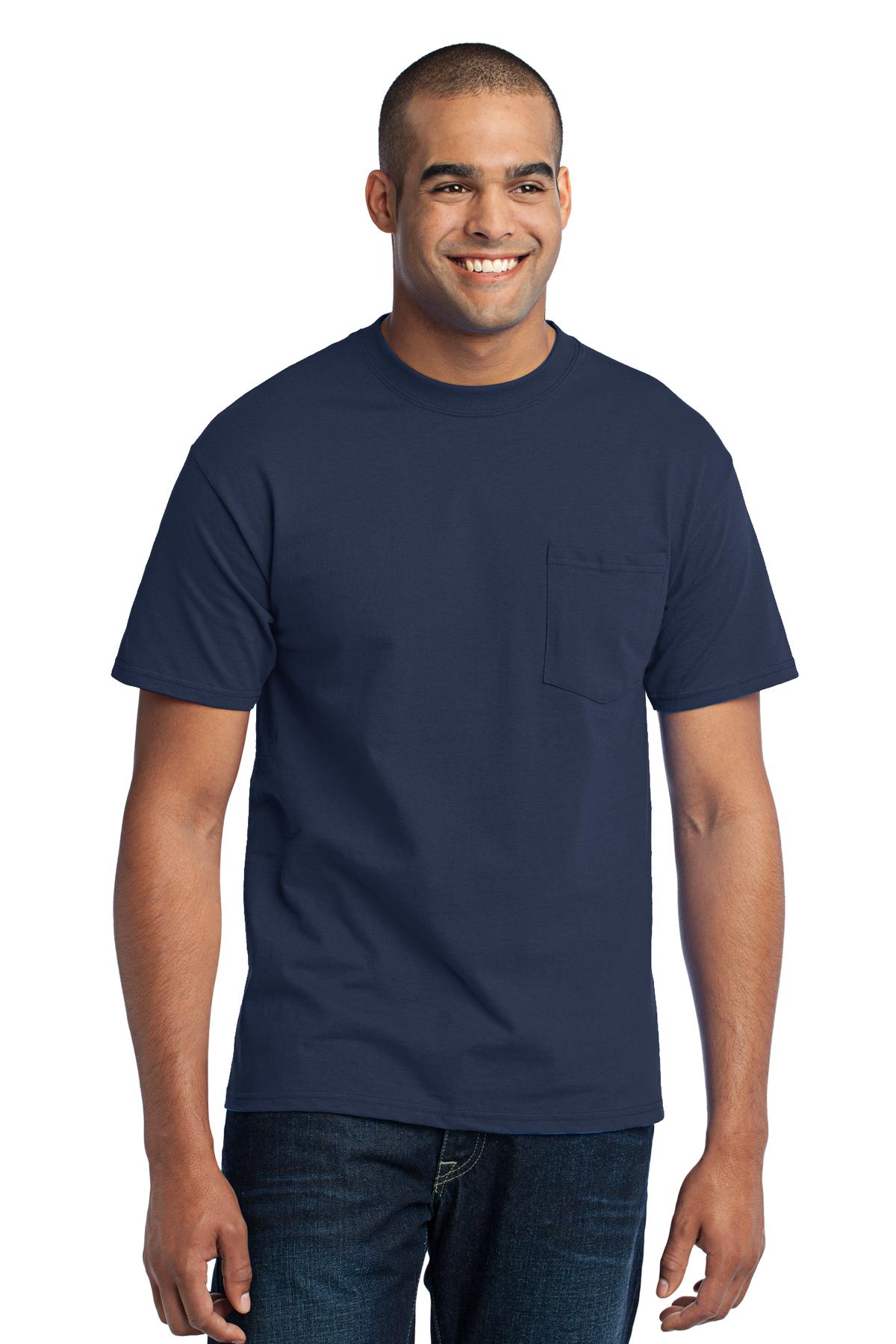 Tall male model 6'6 wearing a large port company T shirt in navy 50/50 cotton/poly tee with left chest pocket against a white background