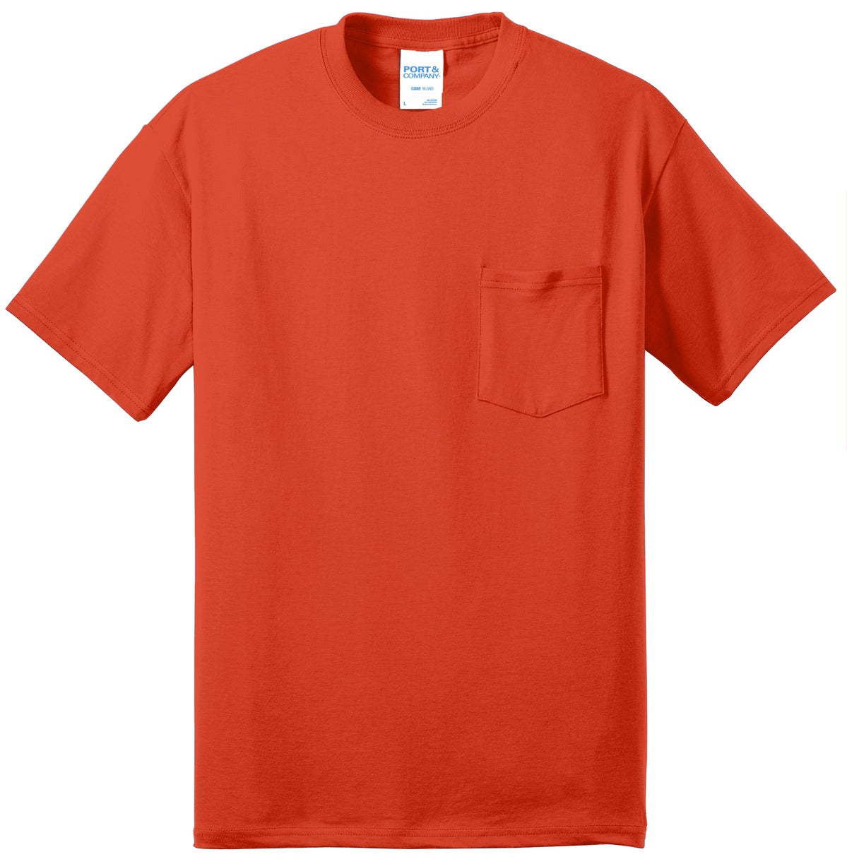 Port company orange t shirt 50/50 cotton/poly blended tee with left chest pocket against a white background