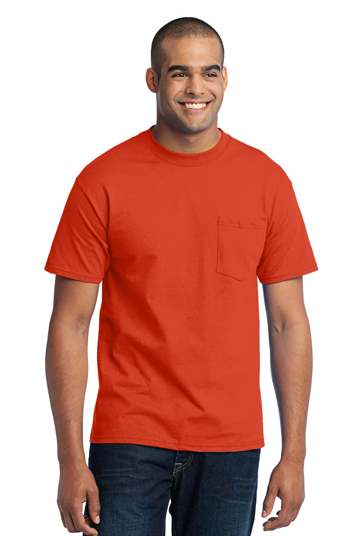 Tall male model 6'6 wearing a large port company T shirt in orange 50/50 cotton/poly tee with left chest pocket against a white background
