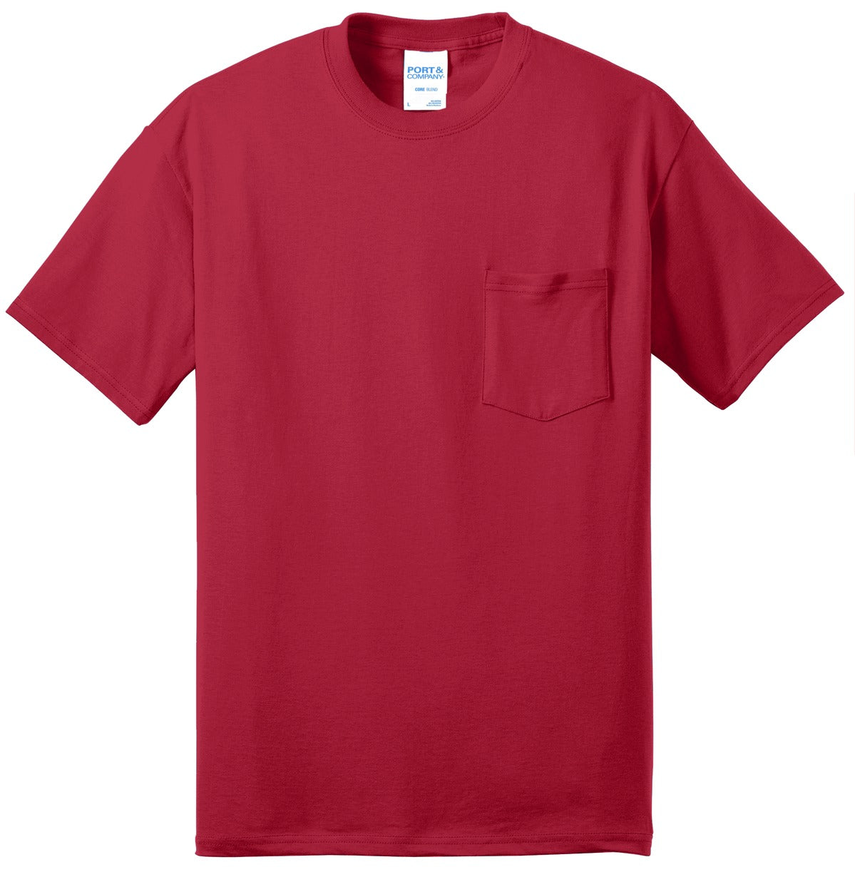 Port company red t shirt 50/50 cotton/poly blended tee with left chest pocket against a white background