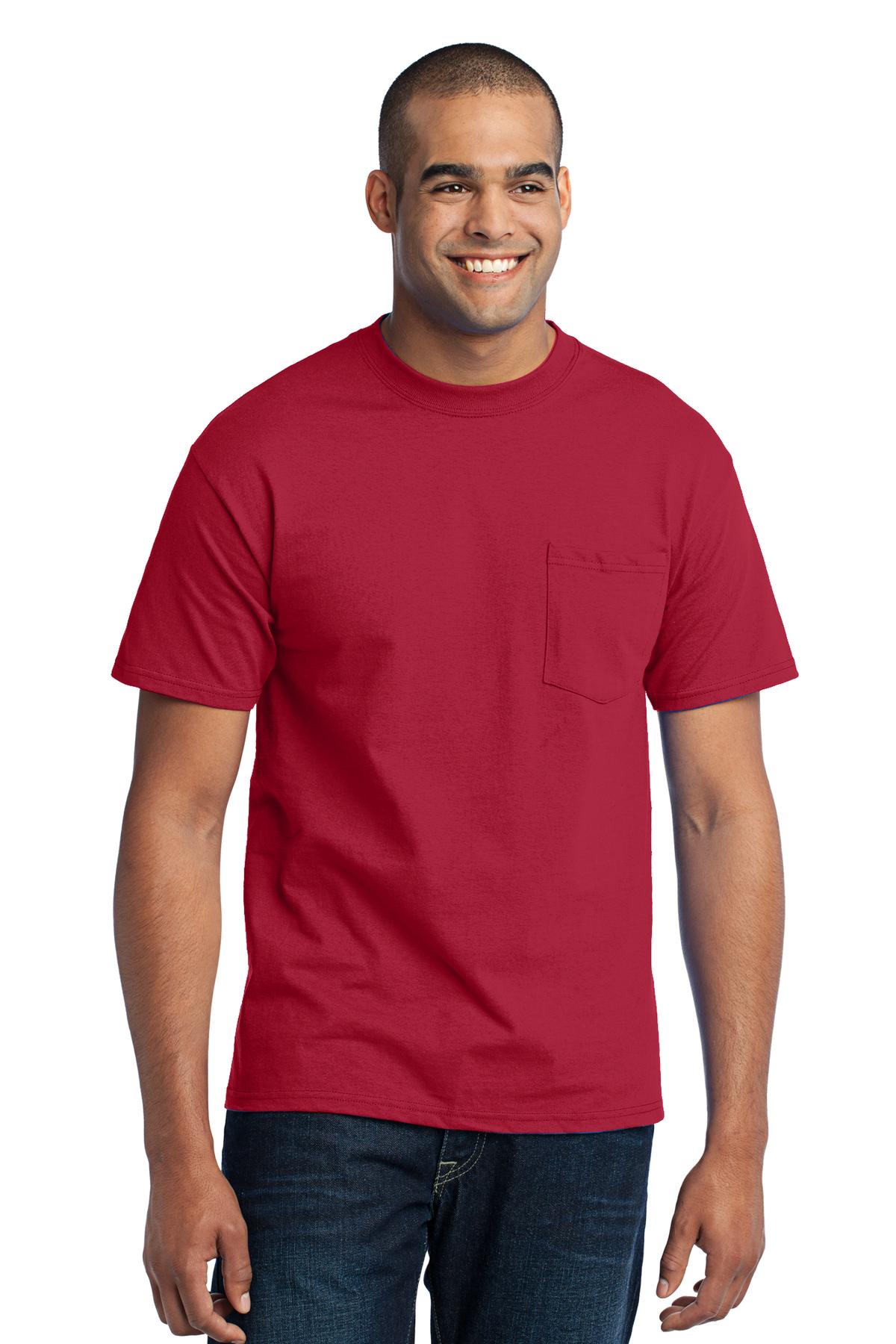 Tall male model 6'6 wearing a large port company T shirt in red 50/50 cotton/poly tee with left chest pocket against a white background