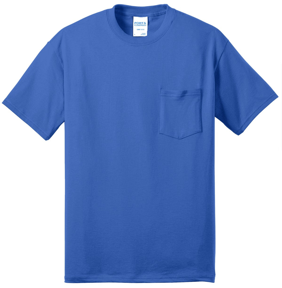 Port company royal t shirt 50/50 cotton/poly blended tee with left chest pocket against a white background