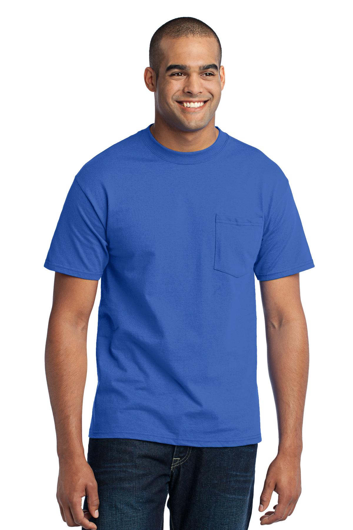 Tall male model 6'6 wearing a large port company T shirt in royal 50/50 cotton/poly tee with left chest pocket against a white background