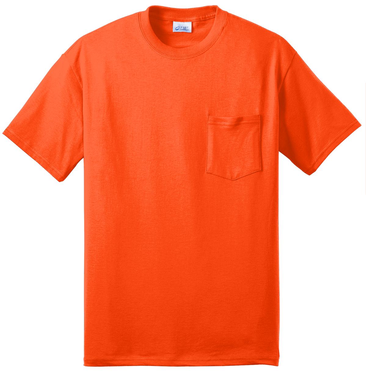 Port company safety orange t shirt 50/50 cotton/poly blended tee with left chest pocket against a white background