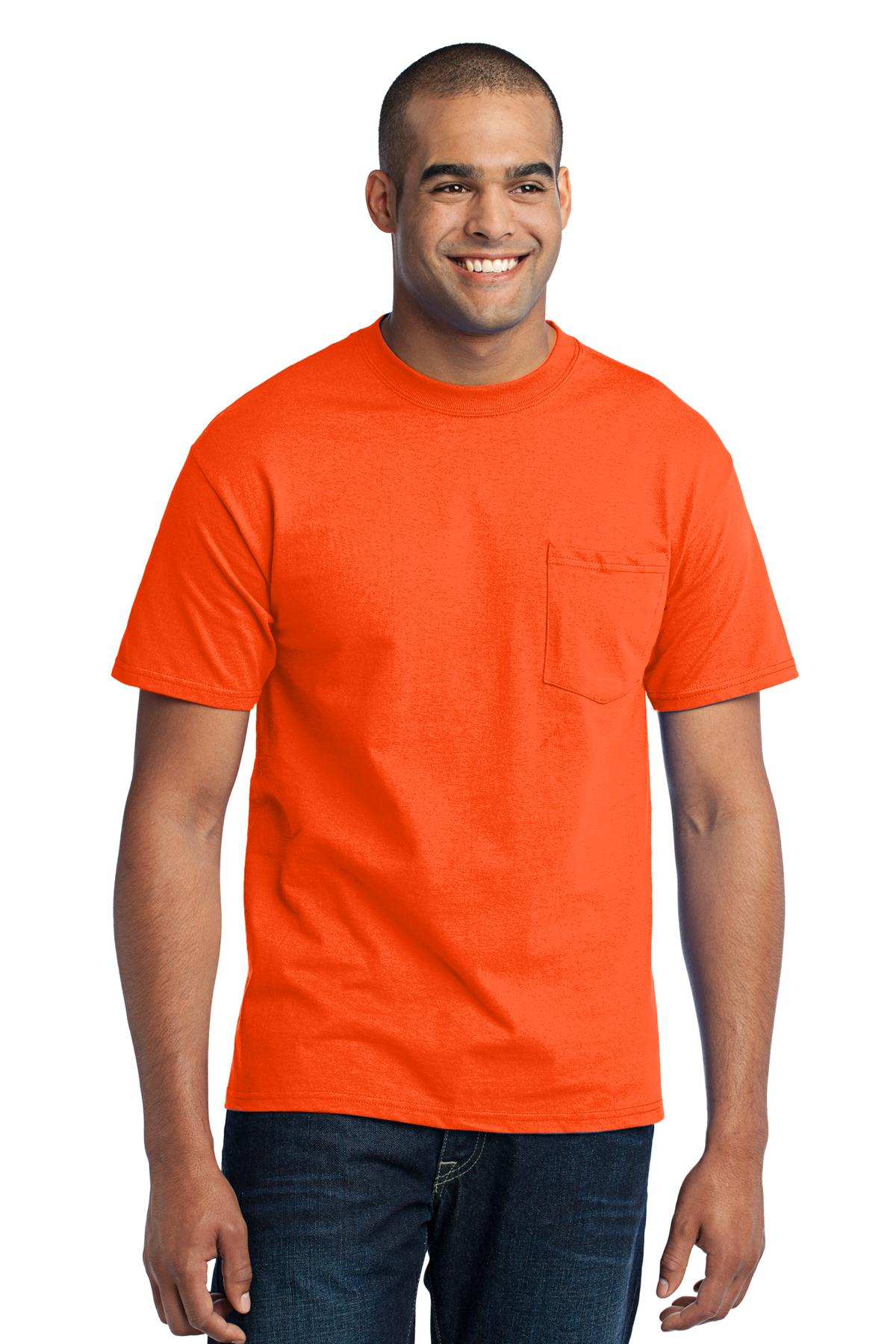 Tall male model 6'6 wearing a large port company T shirt in safety orange 50/50 cotton/poly tee with left chest pocket against a white background