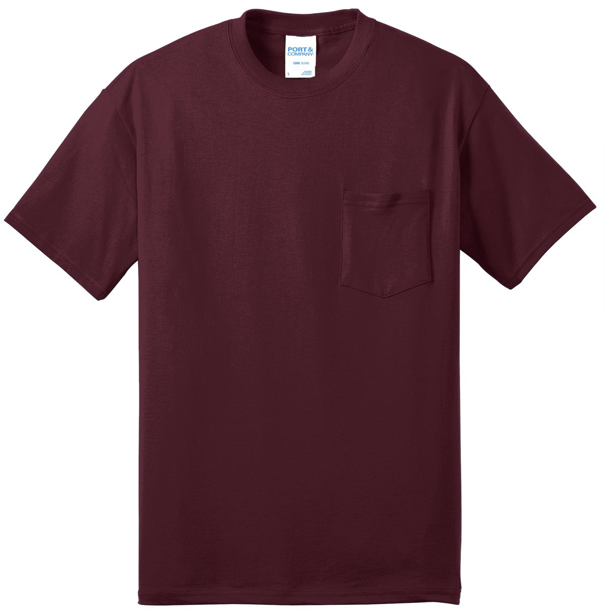 Port company athletic maroon t shirt 50/50 cotton/poly blended tee with left chest pocket against a white background