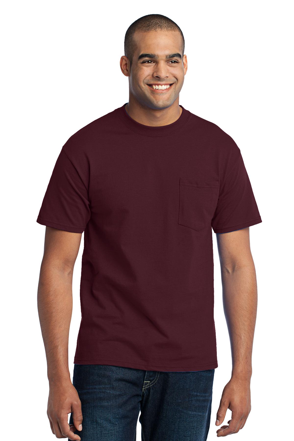 Tall male model 6'6 wearing a large port company T shirt in athletic maroon 50/50 cotton/poly tee with left chest pocket against a white background