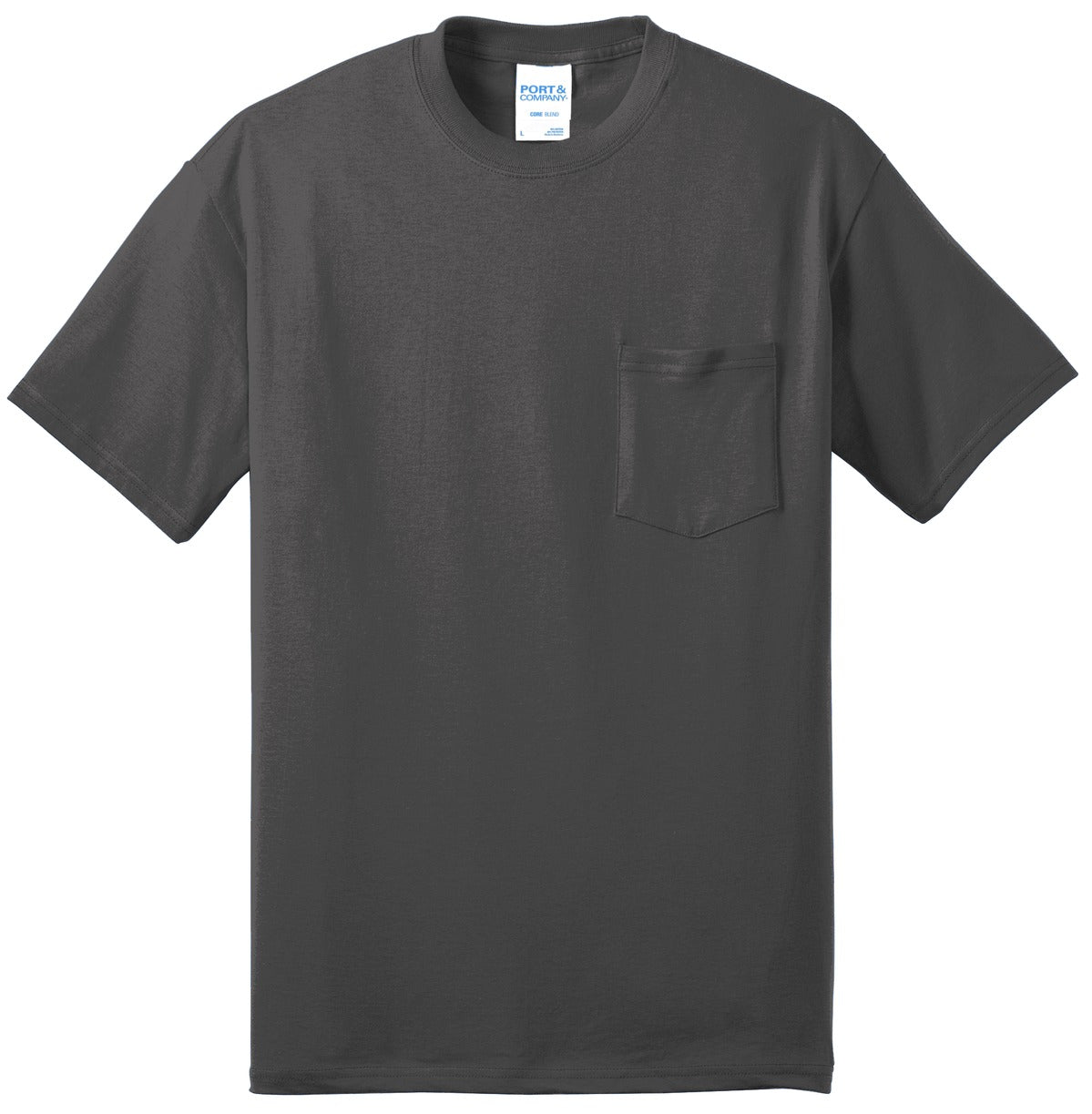 Port company charcoal t shirt 50/50 cotton/poly blended tee with left chest pocket against a white background