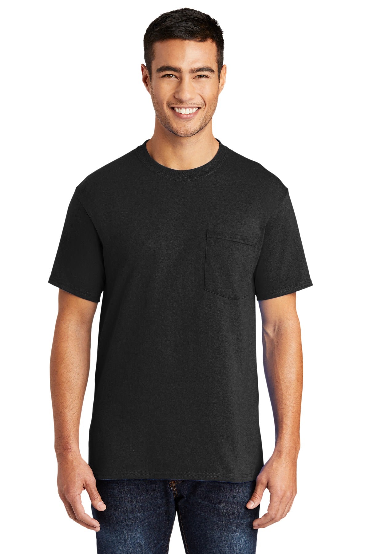 Tall male model 6'6 wearing a large port company T shirt in black 50/50 cotton/poly tee with left chest pocket against a white background