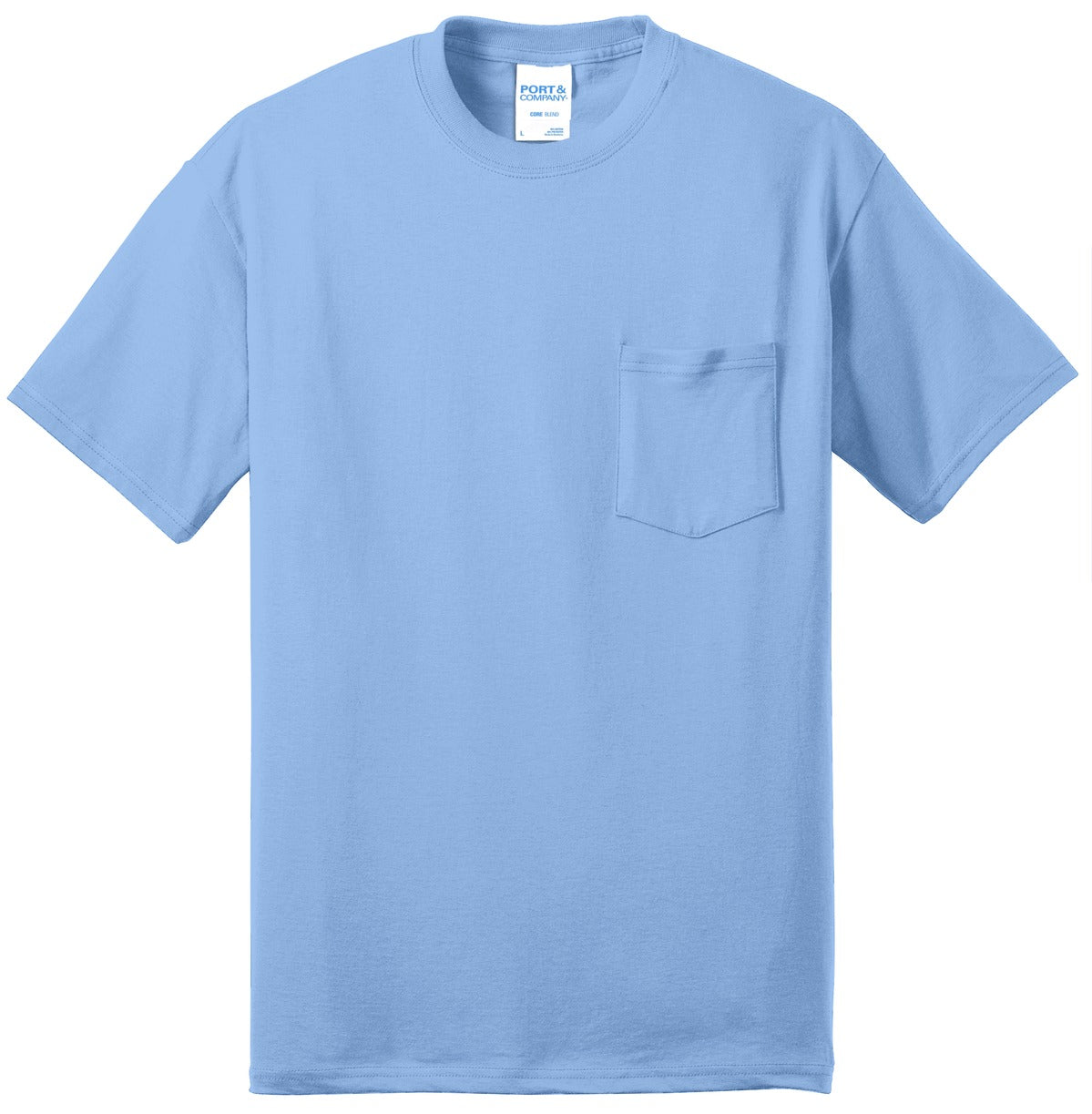 Port company light blue t shirt 50/50 cotton/poly blended tee with left chest pocket against a white background