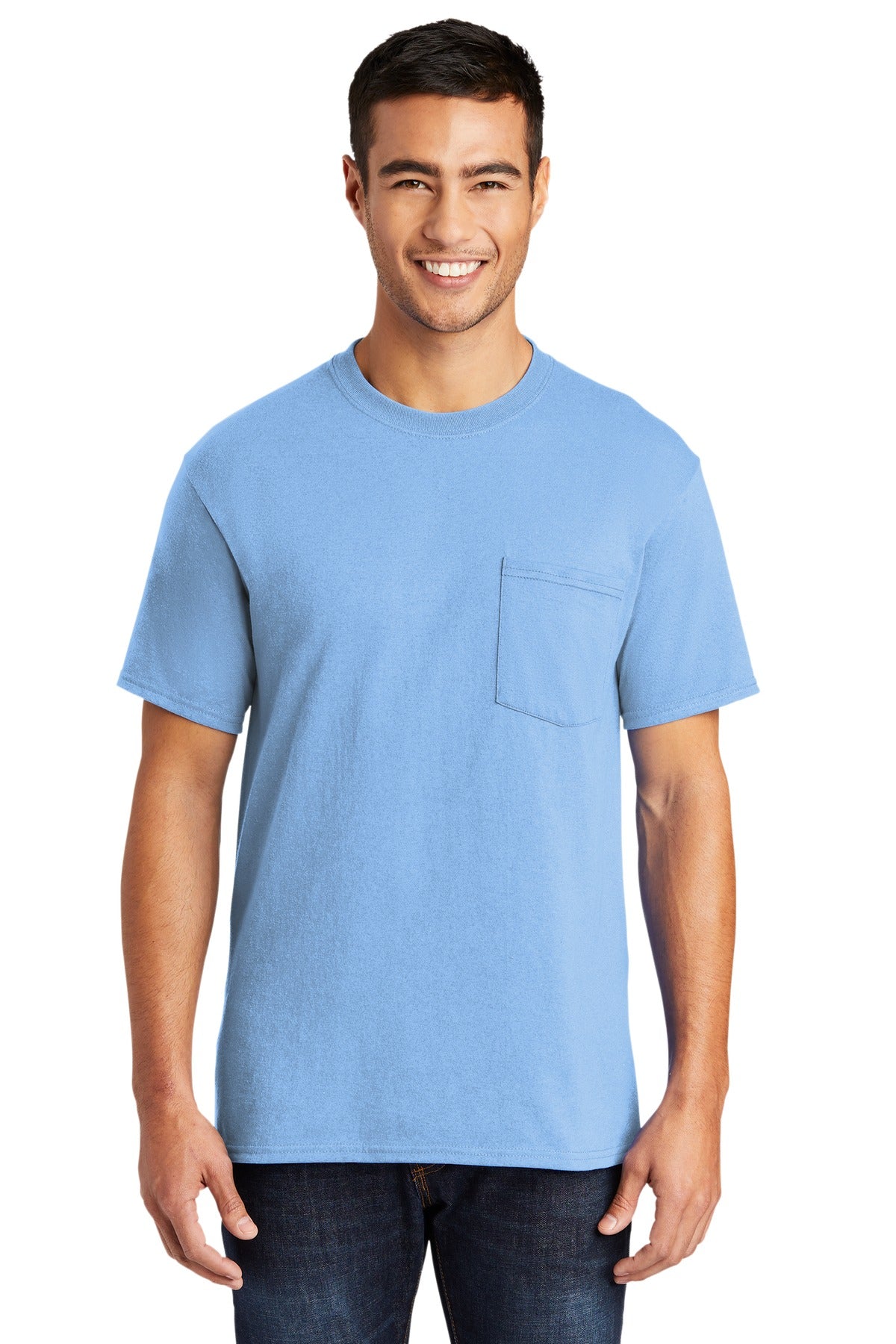 Tall male model 6'6 wearing a large port company T shirt in light blue 50/50 cotton/poly tee with left chest pocket against a white background