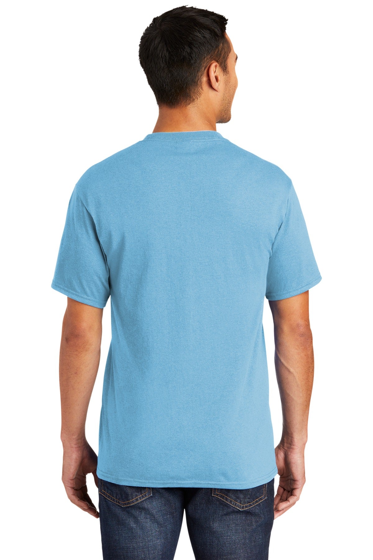 Tall male model 6,3 wearing a medium aquatic blue port company T shirt durable soft and comfortable 50/50 cotton poly Tee showing the back of the shirt against a white background