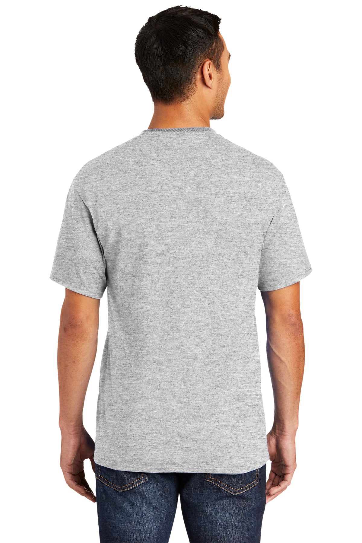Tall male model 6,3 wearing a medium ash port company T shirt durable soft and comfortable 50/50 cotton poly Tee showing the back of the shirt against a white background