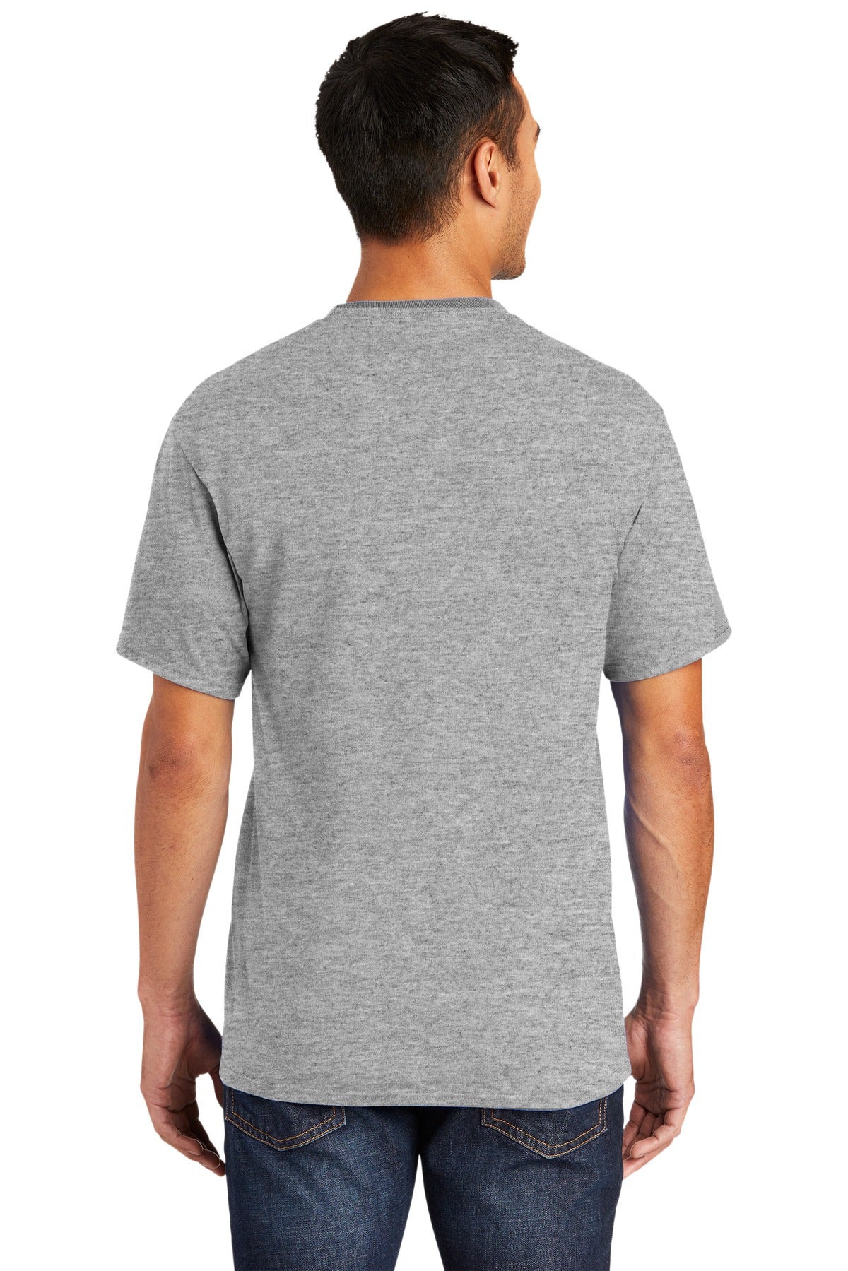 Tall male model 6,3 wearing a medium athletic heather port company T shirt durable soft and comfortable 50/50 cotton poly Tee showing the back of the shirt against a white background