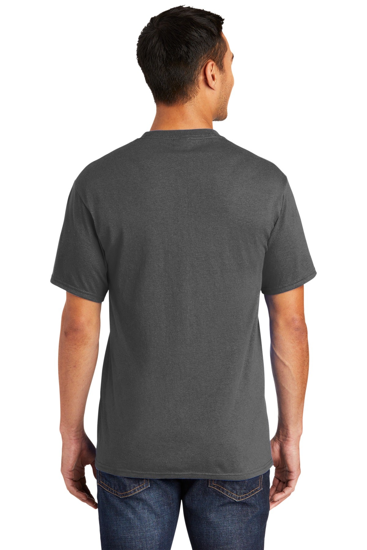 Tall male model 6,3 wearing a medium charcoal port company T shirt durable soft and comfortable 50/50 cotton poly Tee showing the back of the shirt against a white background