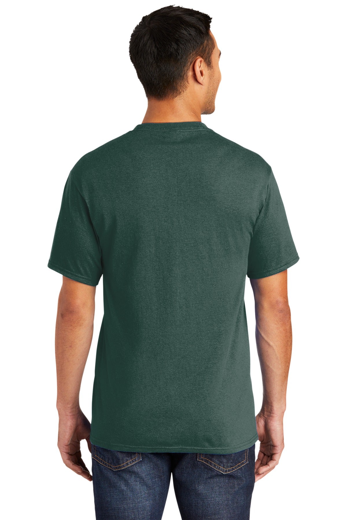 Tall male model 6,3 wearing a medium dark green port company T shirt durable soft and comfortable 50/50 cotton poly Tee showing the back of the shirt against a white background