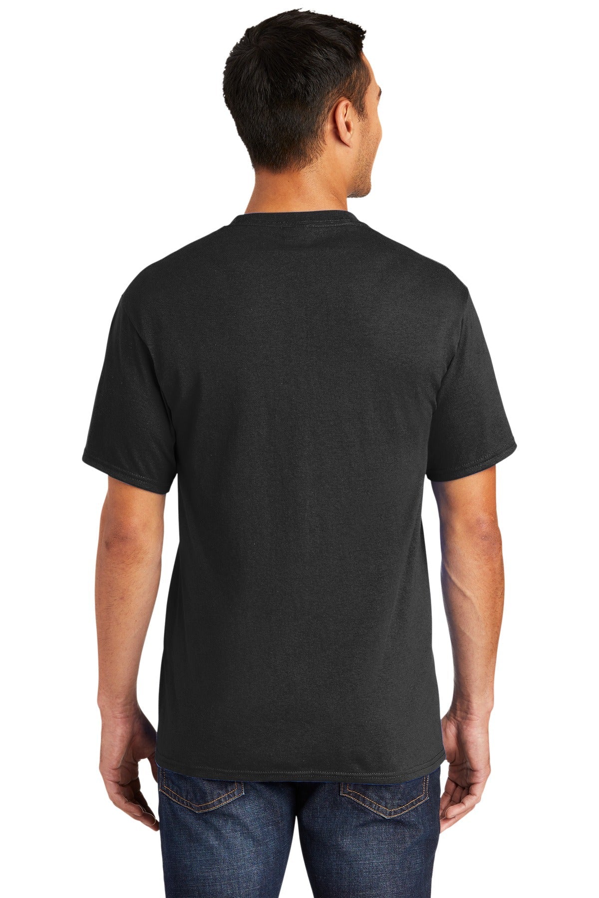 Tall male model 6,3 wearing a medium jet black port company T shirt durable soft and comfortable 50/50 cotton poly Tee showing the back of the shirt against a white background