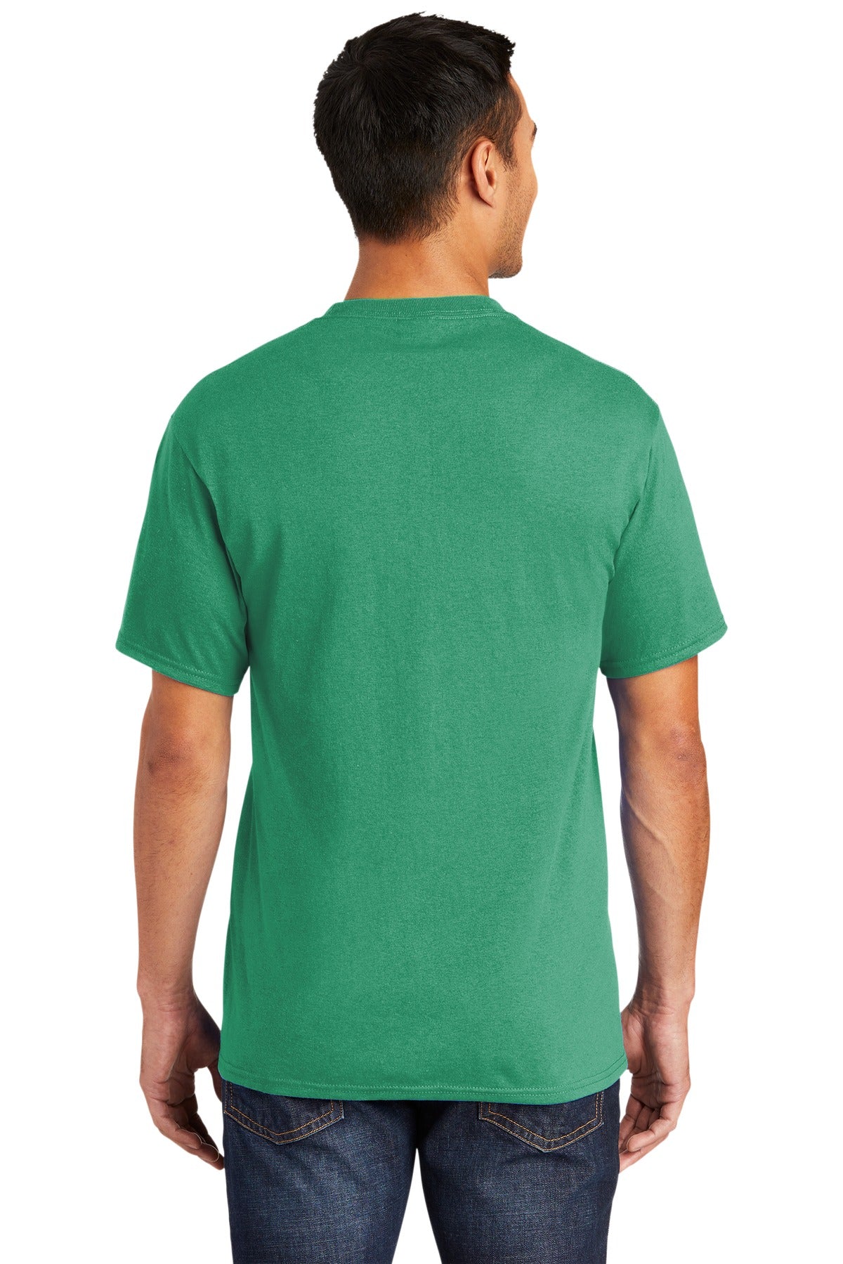 Tall male model 6,3 wearing a medium kelly green port company T shirt durable soft and comfortable 50/50 cotton poly Tee showing the back of the shirt against a white background