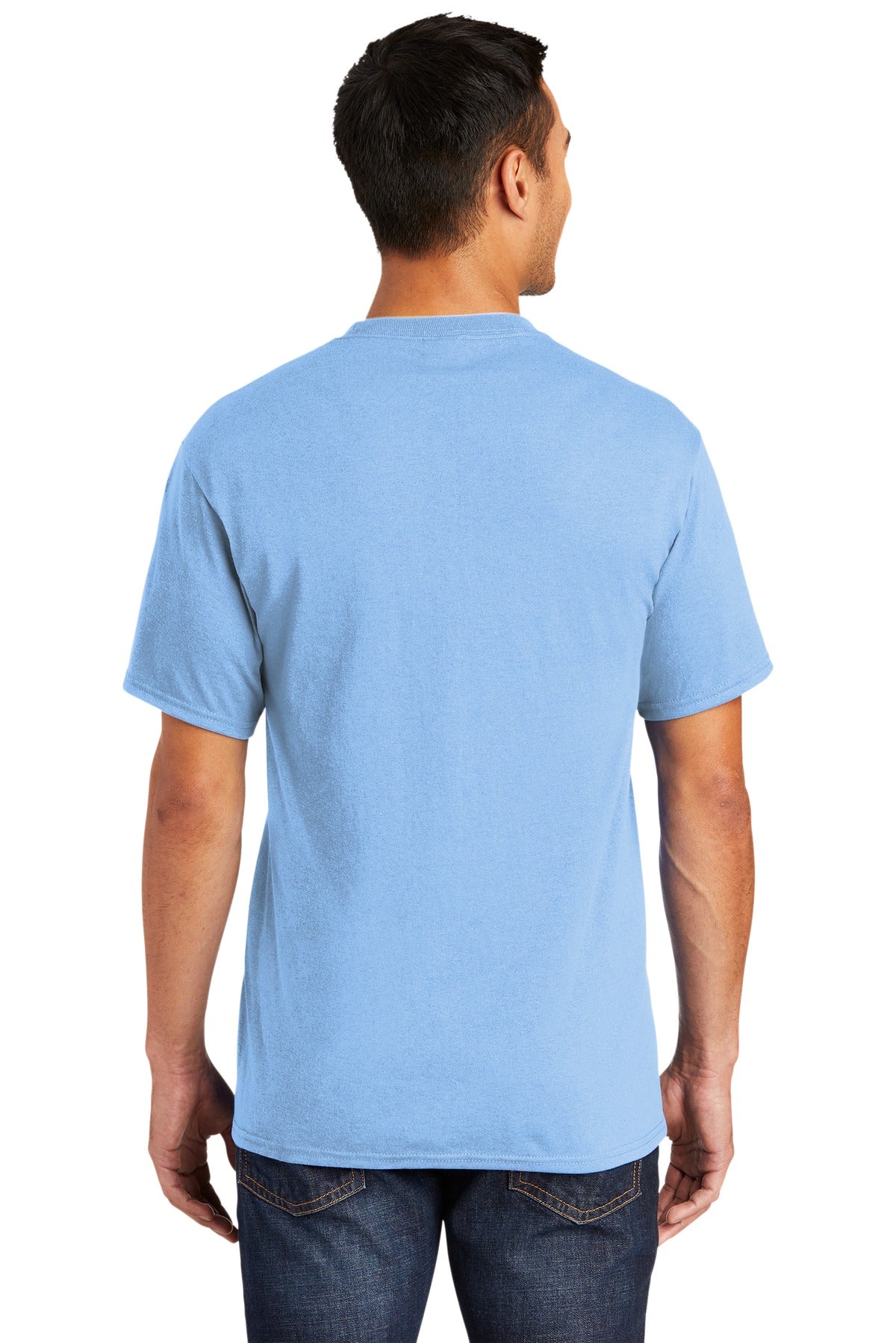 Tall male model 6,3 wearing a medium light blue port company T shirt durable soft and comfortable 50/50 cotton poly Tee showing the back of the shirt against a white background