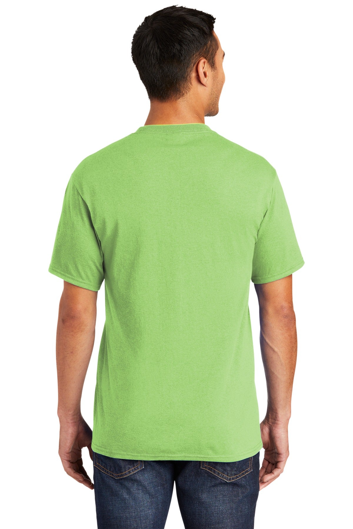 Tall male model 6,3 wearing a medium lime port company T shirt durable soft and comfortable 50/50 cotton poly Tee showing the back of the shirt against a white background