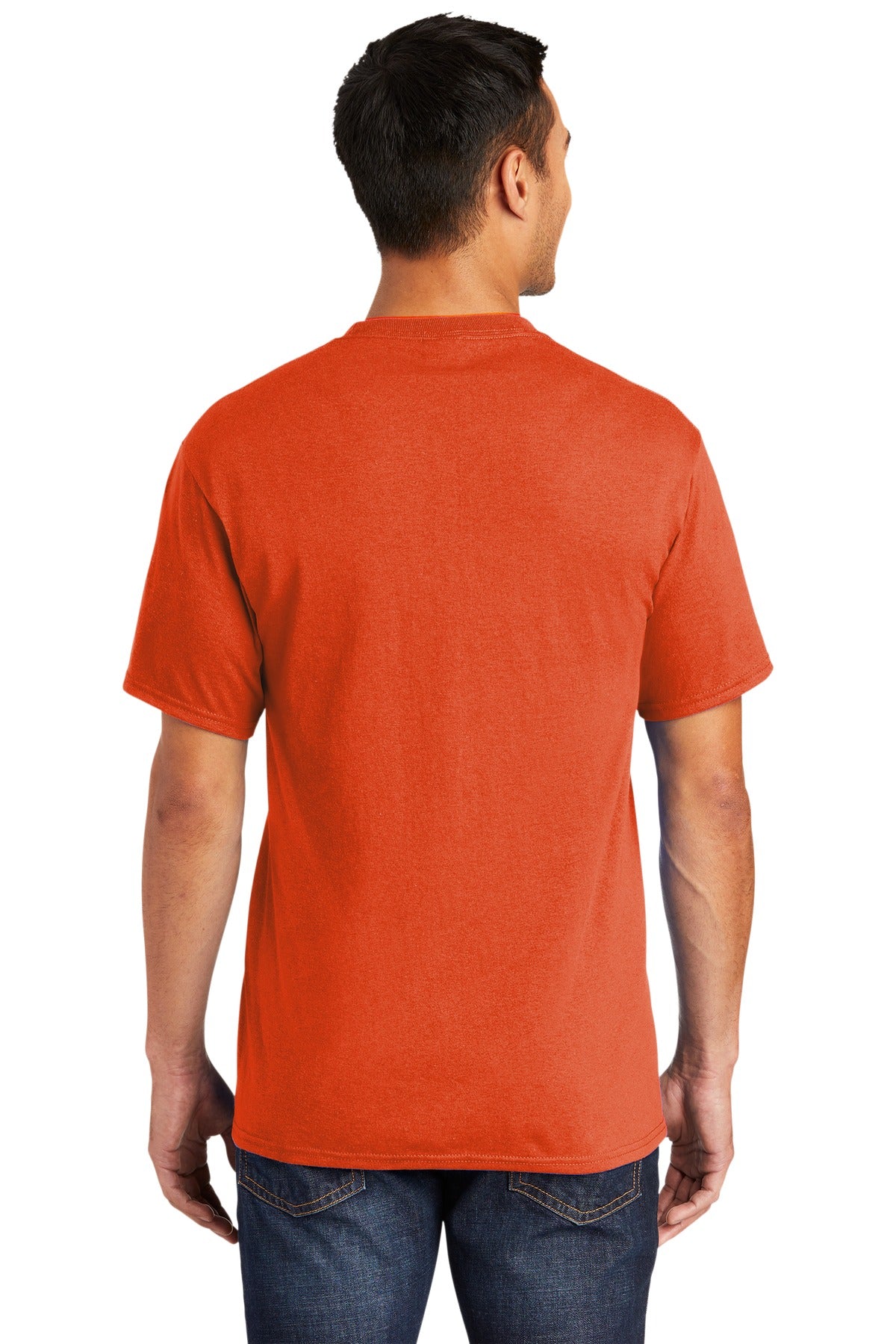 Tall male model 6,3 wearing a medium orange port company T shirt durable soft and comfortable 50/50 cotton poly Tee showing the back of the shirt against a white background